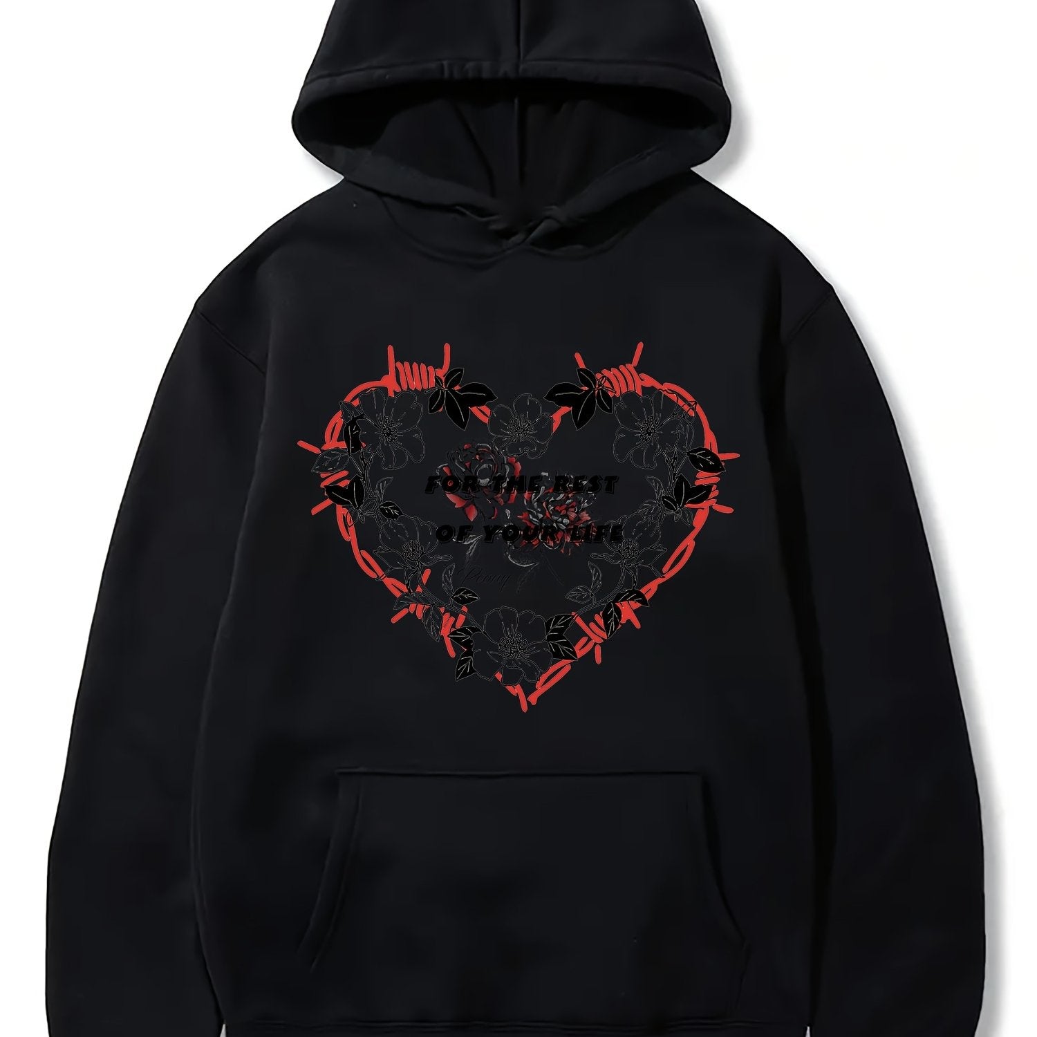 Heart-shaped Embroidered Hoodie - Black - Unique Design