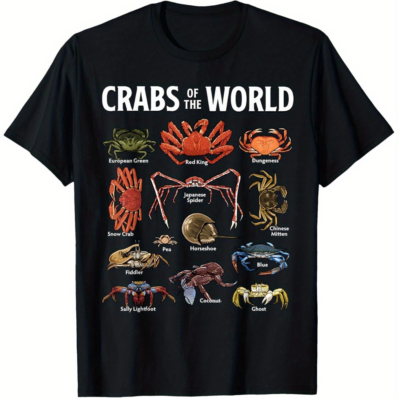 Crabs of the World T-Shirt - 100% Cotton Soft Touch 180g Fabric, Black Casual Round Neck Tee with Vibrant Marine Life Crab Illustrations & Scientific Names, Educational Graphic Novelty Apparel for Seafood Lovers (Sizes S-XXXL