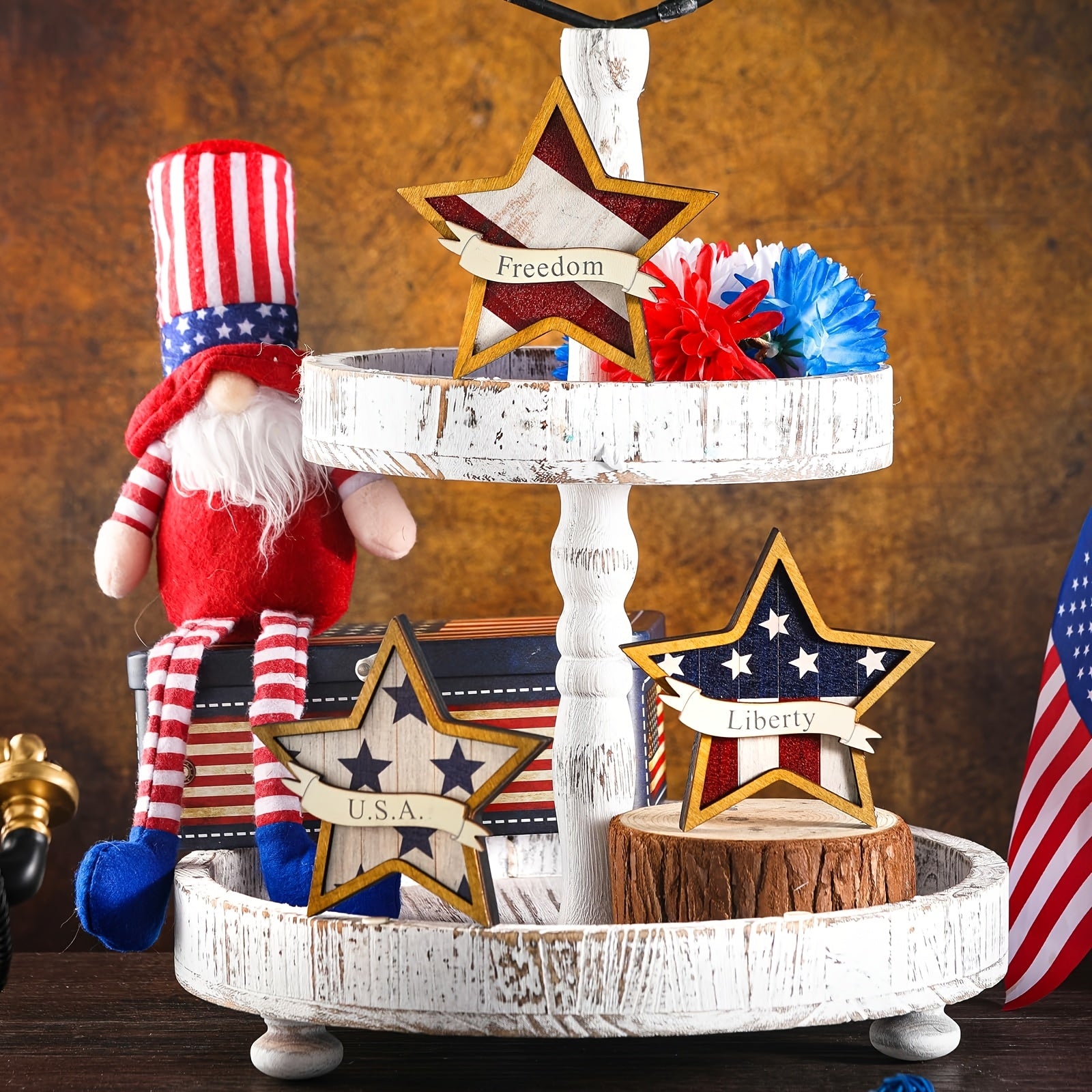 Patriotic American Flag Star Table Decorations - Artificial Wood Cascading Tray Signs with Liberty & Freedom Inscriptions, Red White Blue Independence Day Memorial Day Home Office Party Centerpieces, No Electricity Needed, In