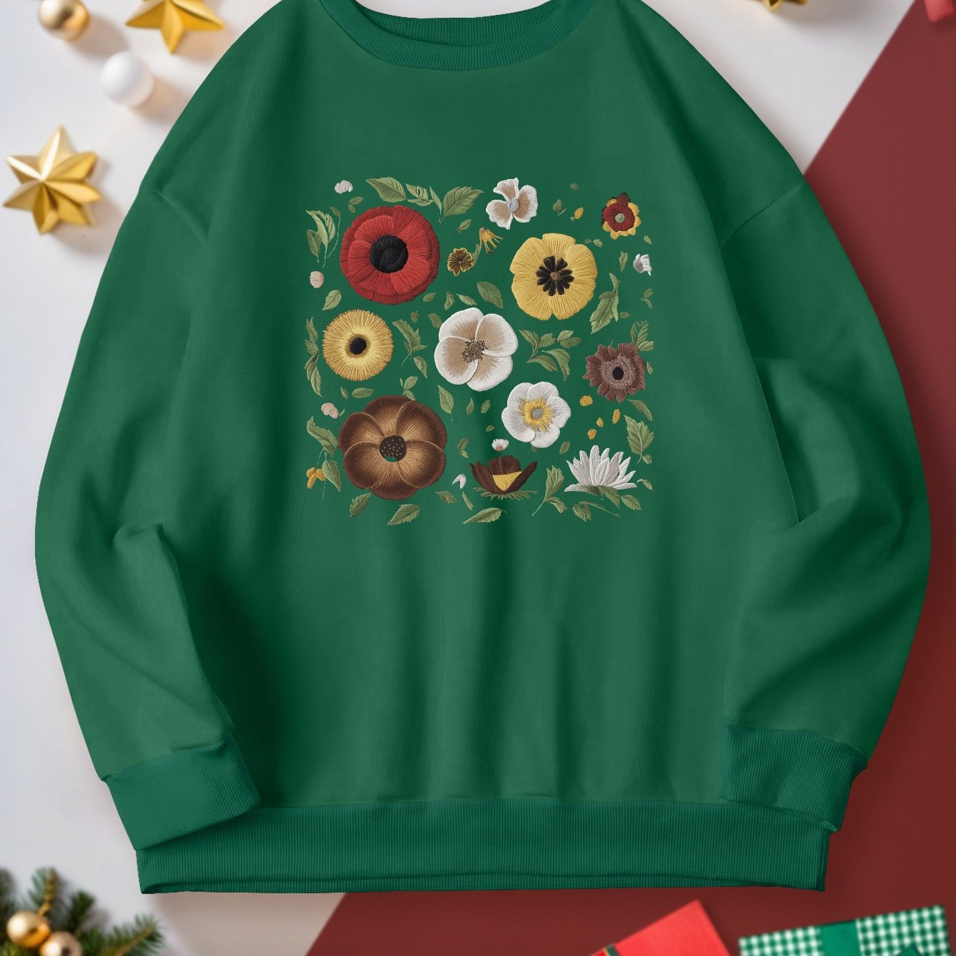 Women's Plus Size Floral Embroidery Sweatshirt - Casual Crew Neck, Long Sleeve Pullover for Fall/Winter, Machine Washable