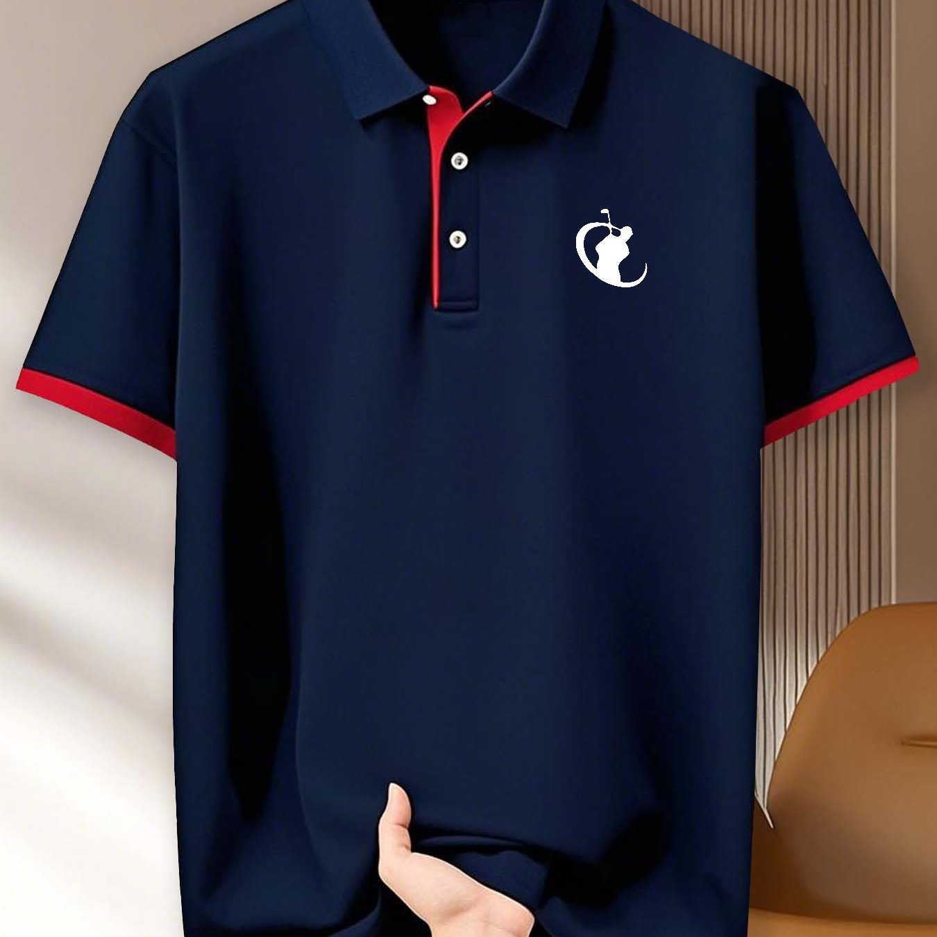 Men's 230g Breathable Shirt - Golf Print Short Sleeve with Contrast Collar, Geometric Pattern Summer Sportswear for Golf Gym Running Training, Business Casual Gift for Dad & Boyfriend, Golf Shirt, Comfortable Fit