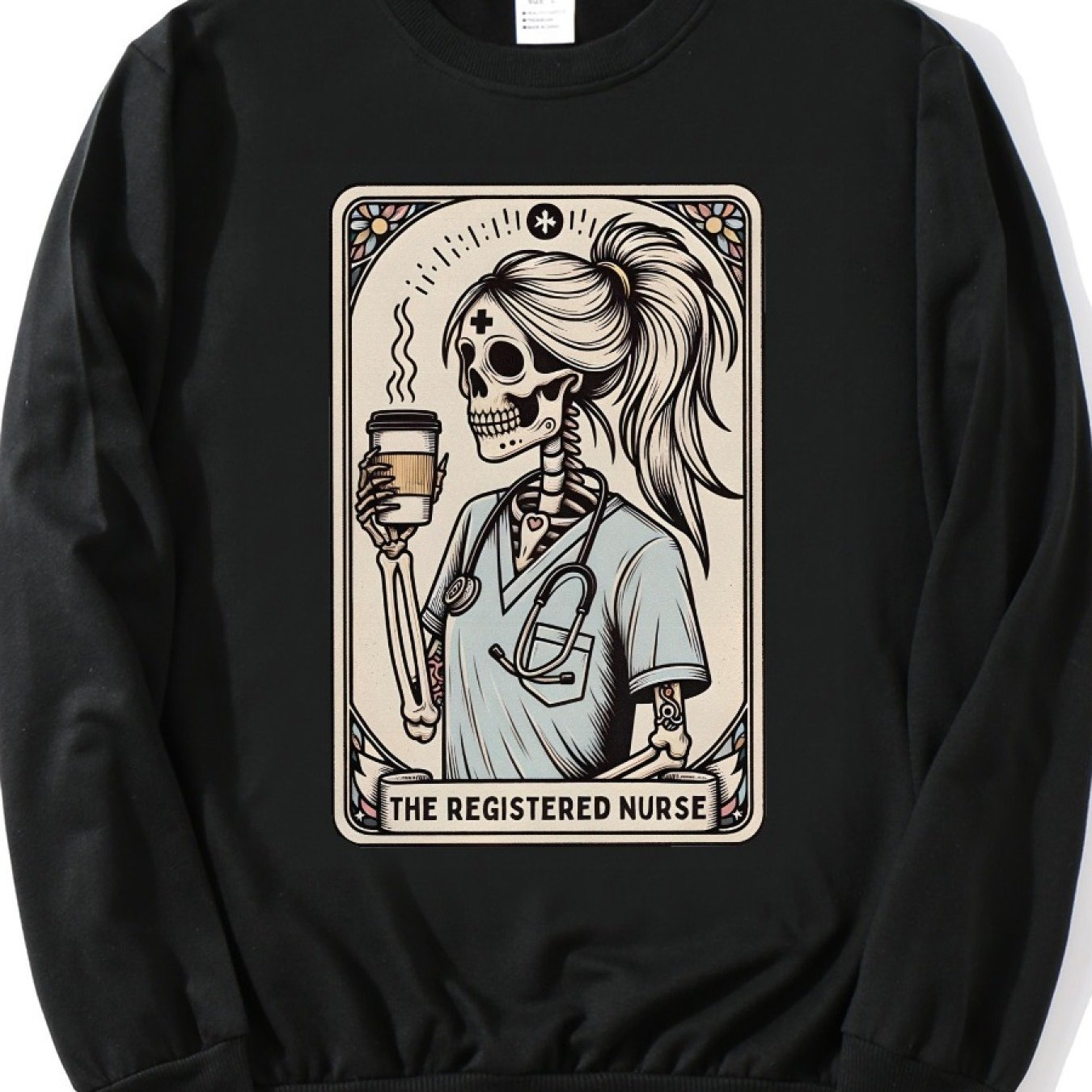 Registered Nurse Tarot Card, Fall RN, Funny Gift for Registered Nurse, Skeleton Nurse Cozy Crew Neck Graphic Print Pullover Sweater - Soft Polyester Fabric, Casual Long Sleeve Fall and Winter Essential - Oversize