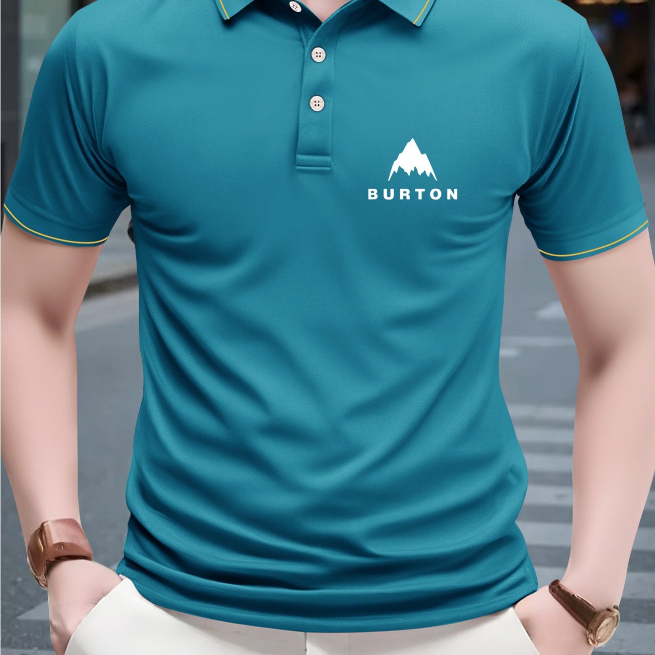 1pc Burton Men's Shirt - 230g Breathable Polyester, Light Beige-Friendly Soft, Geometric Mountain Logo Print, Green with White Collar & Yellow Trim, Regular Fit Short Sleeve for Golf & Casual Outings, Summer Apparel, Classic