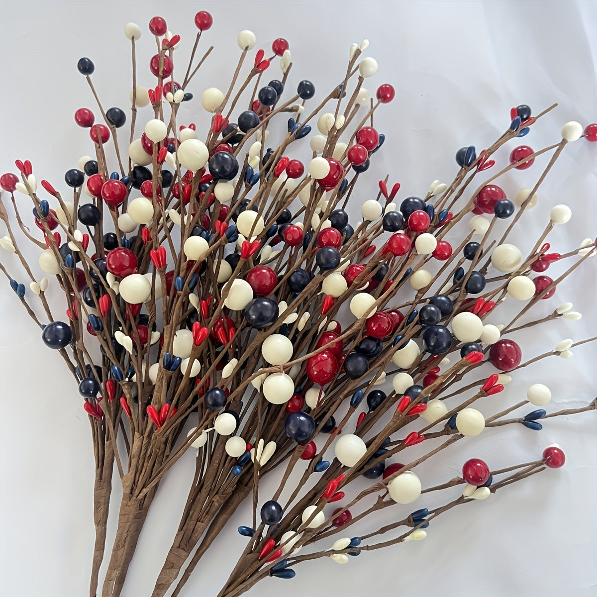 2D Flat, 5 Red, White, and Blue Artificial Berry Branches - Independence Day, Memorial Day, Parties, Tabletops, and Home Decor, Patriotic Style Plastic Fake Branches