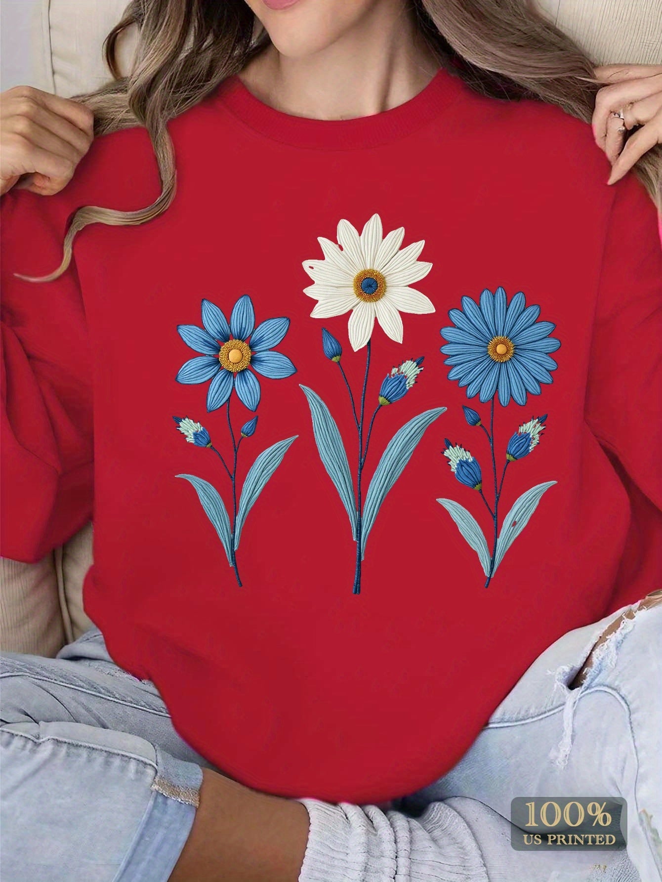 teediy Women's Casual Floral Embroidery Sweatshirt - Blue & White Flowers on Green, Long Sleeve Round Neck, Machine Washable, Autumn Winter Comfort, Winter Clothing, Relaxed Fit, Comfortable Fabric