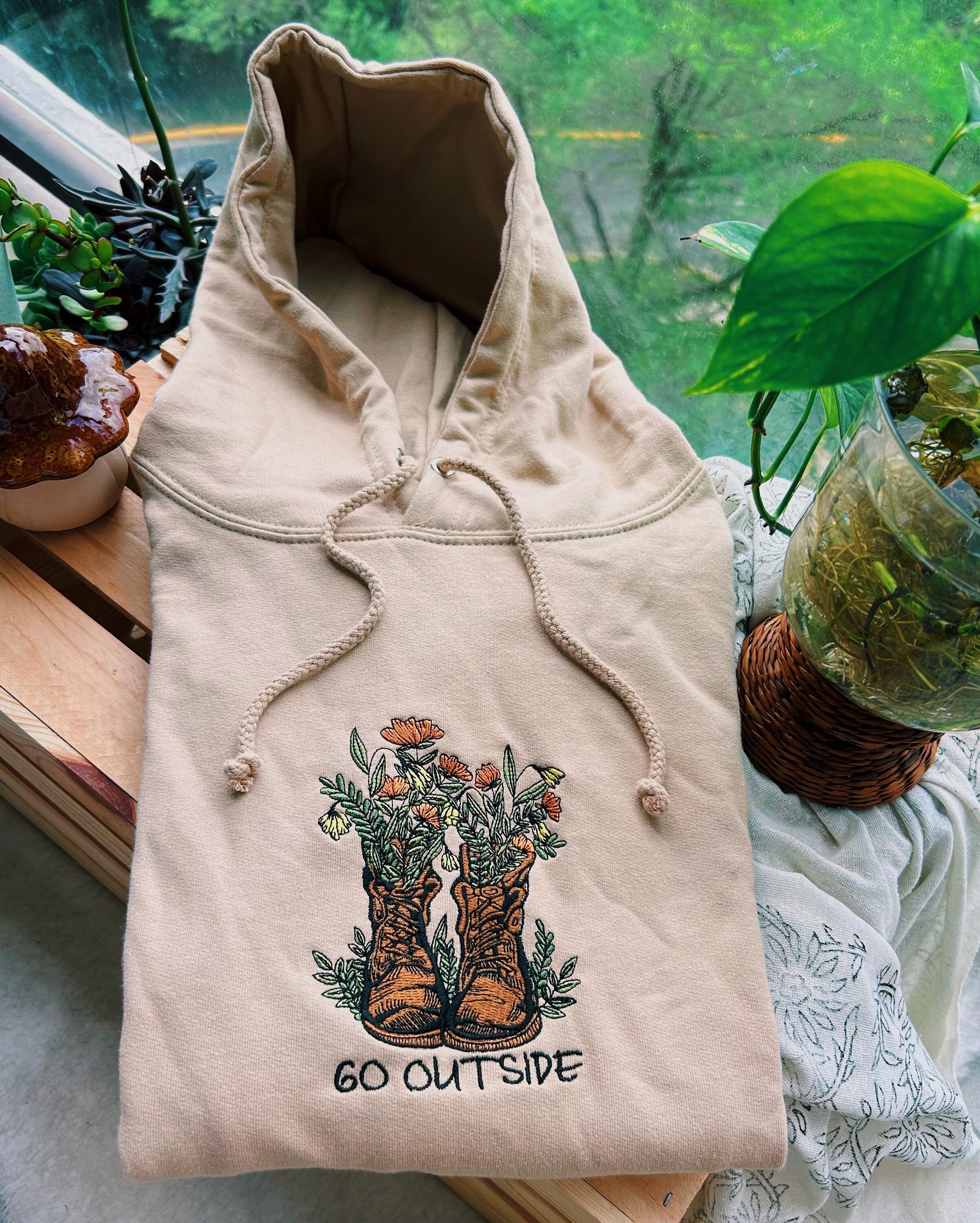 Tan Go Outside Embroidered Hoodie - Unisex Mushroom Floral Fleece Pullover - Hiking Granola - Gifts for Her/ for Him - Cottagecore - Indie
