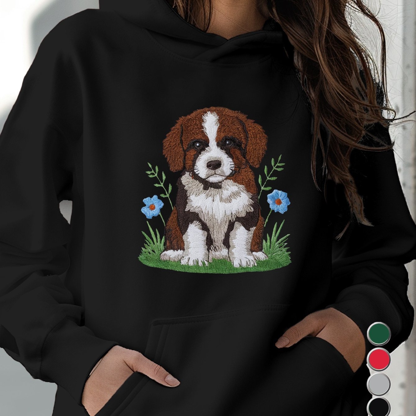 Women's Cozy Embroidered Puppy Hoodie - Casual Long Sleeve Pullover with Kangaroo Pocket, Cotton Blend, Perfect for Fall & Winter