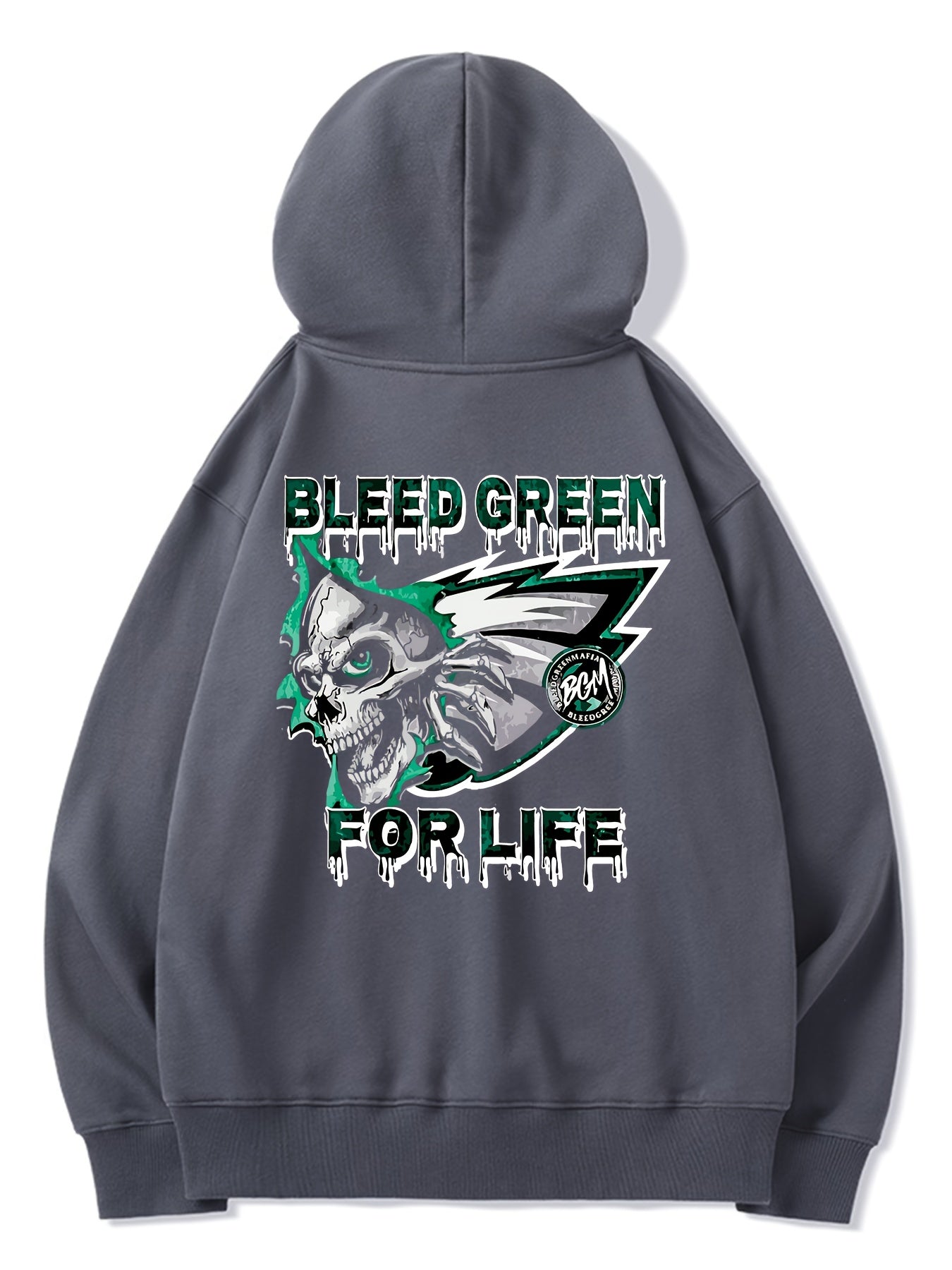 Men's Bleed Green Hoodie - Casual Football Fan Skull Eagle Design Sweatshirt, Soft Polyester Fabric, Machine Washable, Comfortable for Spring & Fall