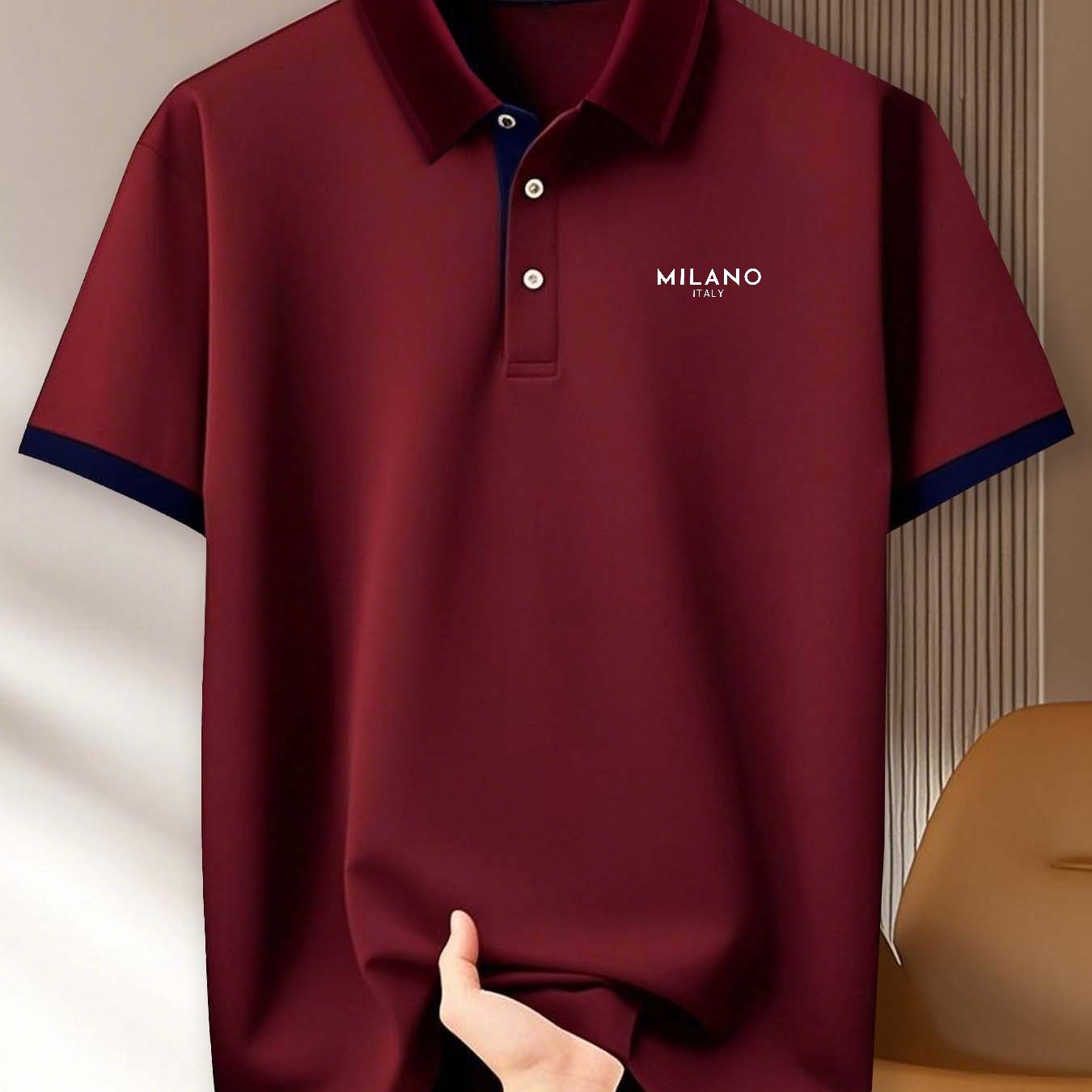 (230g) with MILANO letter print, Men's fashionable short-sleeve shirt for summer daily wear, suitable for fitness, running, and training, Men's short-sleeve golf shirt, business casual, can be used as a gift