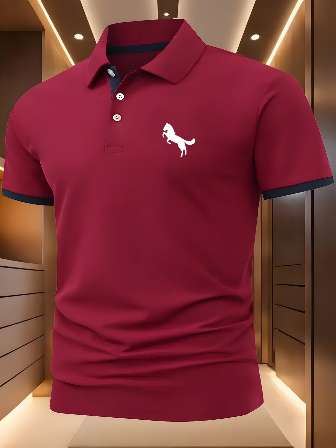 Horse Symbol Men'S New Polo Shirt with Front Pattern, Summer Polo Shirt, Casual Outdoor Short Sleeved Top, Button Neck, Slight Elasticity, Regular Fit, Suitable for Sports, Fishing, Fitness, Daily Wear