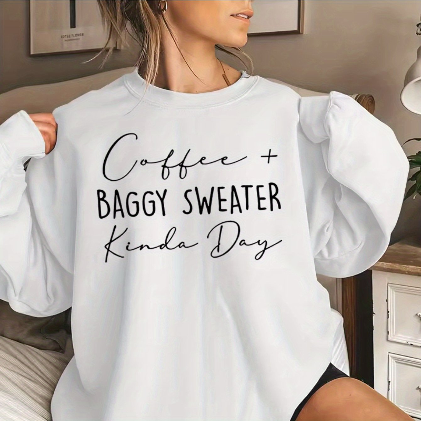 Women'S Casual Crew Neck Letter Long Sleeve Pullover for Autumn/ Winter Knit White Sweatshirt
