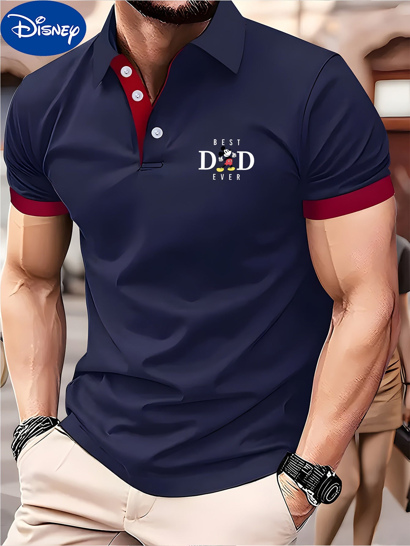 Disney BEST DAD EVER Mickey Theme Print Shirt - Lightweight Quick-Dry Breathable Polyester, Color Blocked Collar & Sleeve Trim, Unisex Golf & Tennis Shirt for Summer, Perfect Father's Day Gift