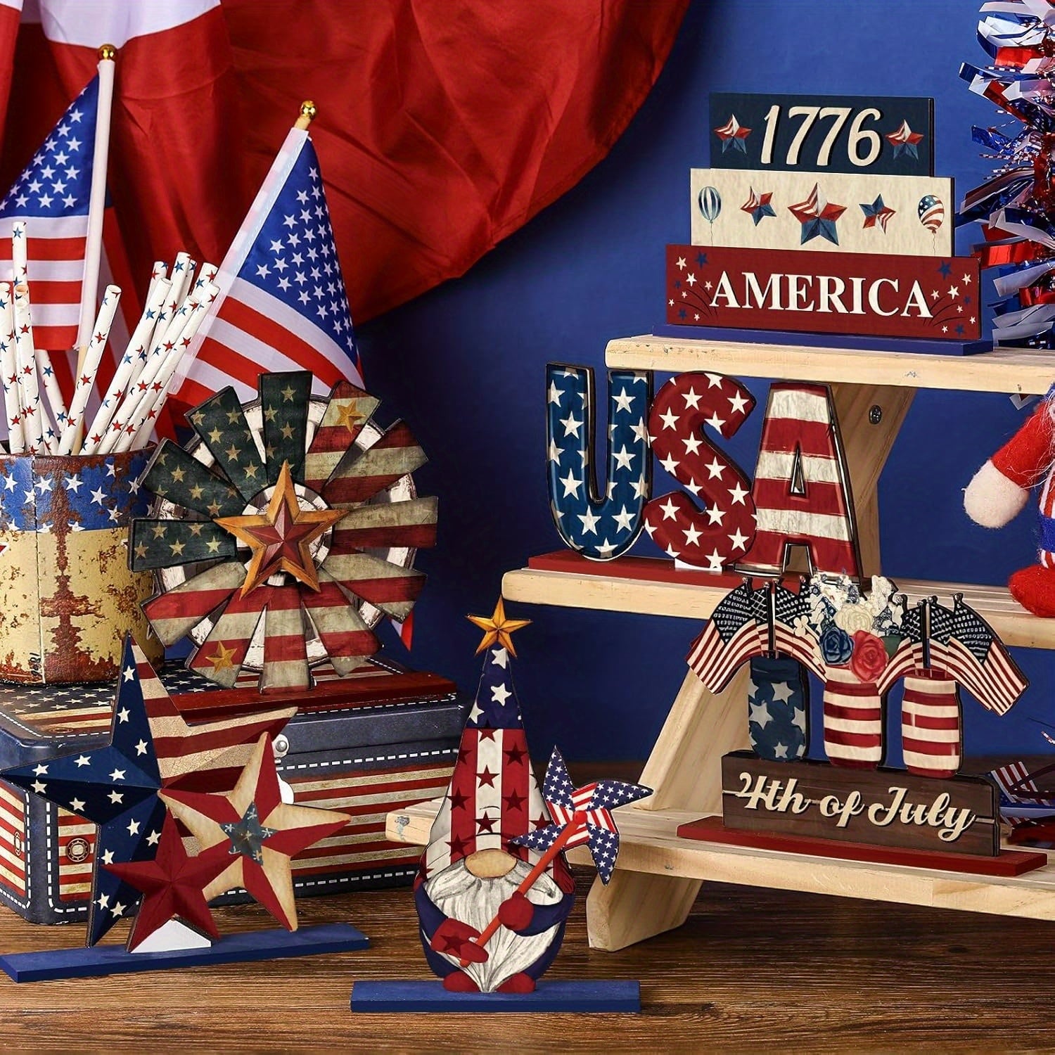 Anniversary and 4th of July Wooden Desktop Decor- Patriotic Country Style Centerpiece, Including Star, Stripe Patterns& Uncle Sam& 1776 Designs, Natural Wood Tiered Tray for Home Office Kitchen Shelf Decoration, Star-Shaped A