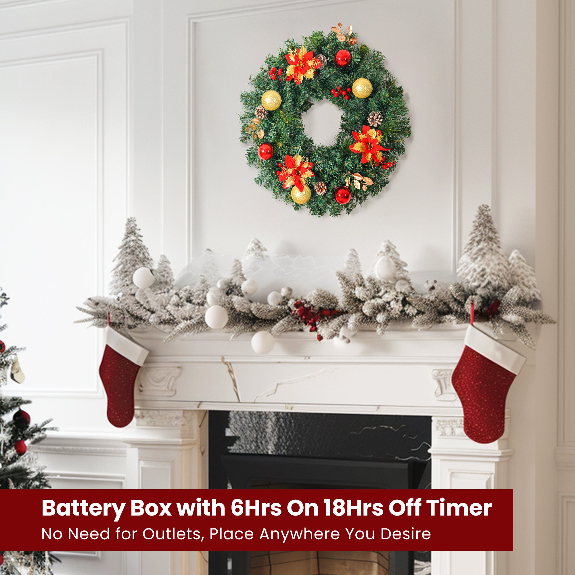 28inch 8 Modes Extra Large Pre-lit Christmas Wreath Artificial Deluxe Lighted Christmas Wreath Decorations Ornament with LED Lights Door Window Fireplace Decor Timer Function