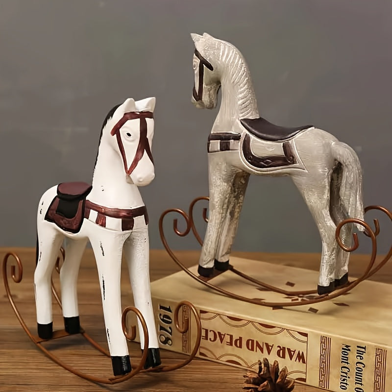 Retro Wooden Crafts Rocking Horse Desk Decor Balance Art Figurines Home Office Decor