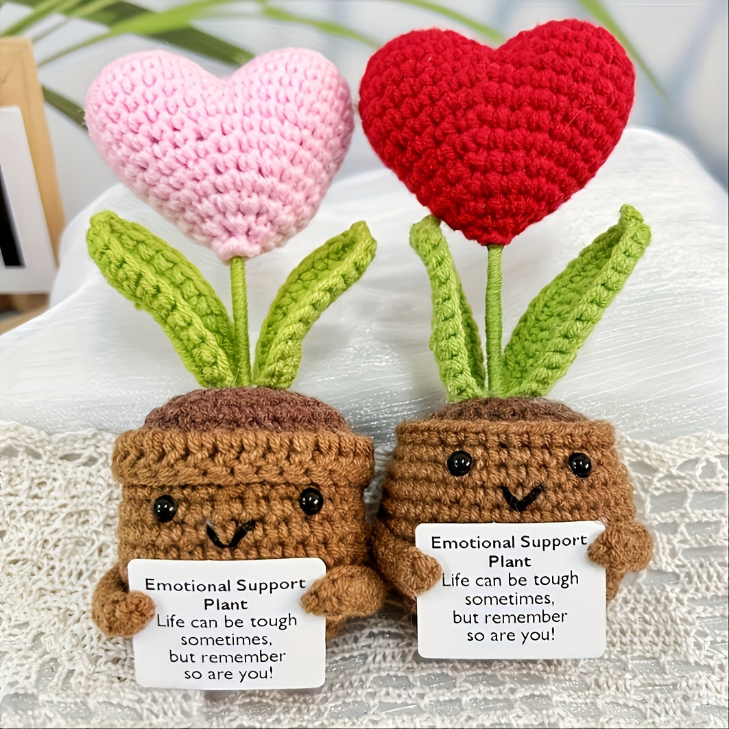 Crochet Heart Pot, Crocheted Sunflower Pot With Encouragement Card, Soft Knitting Decoration, Handmade Crochet Emotional Support Plant, Emotional Support For Birthday Gifts Room Decor