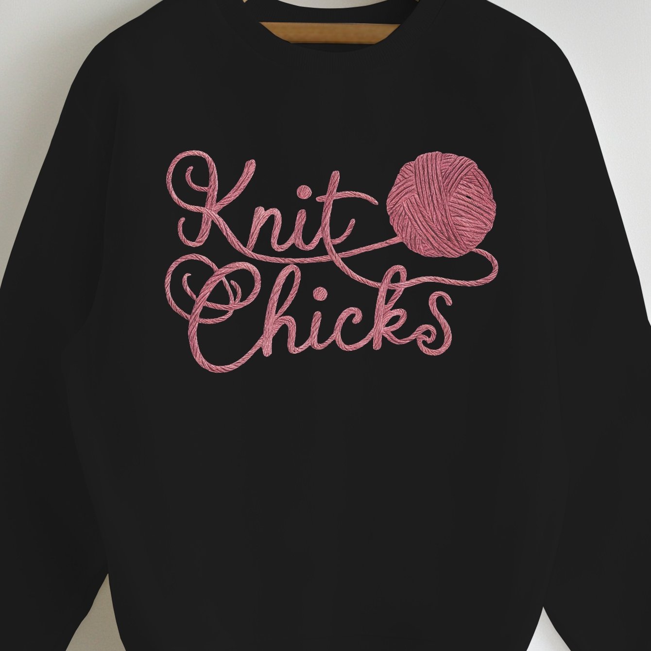 Cozy 'Knit Chicks' Geometric Pattern Women's Sweatshirt - Soft Polyester, Light Gray with Pink Embroidery, Long Sleeve, Round Neck, Machine Washable - Perfect for Fall/Winter Casual Wear