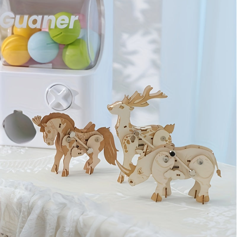 Walking Animals 3D DIY Puzzles Desktop Decorations 3D Wooden Animal Puzzles Wood Splicing Without Glue Home Decorations Christmas Halloween Gifts