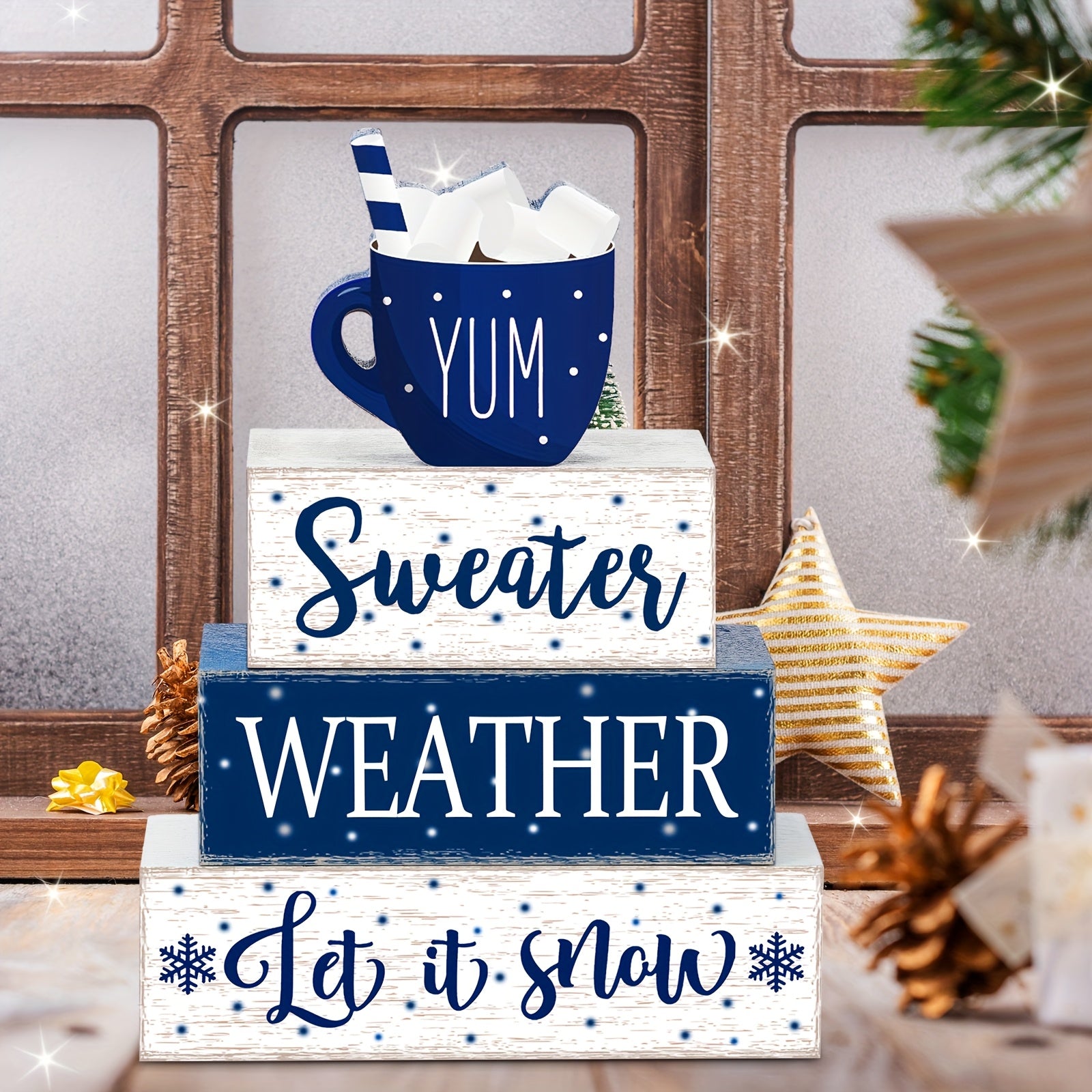 Winter Wooden Tabletop Decor Let It Snow Tiered Tray Decor Snowflakes Decorative Wood Block Sign Gift Wooden Farmhouse Christmas Table Centerpiece Winter Decor for Home Indoor Holiday