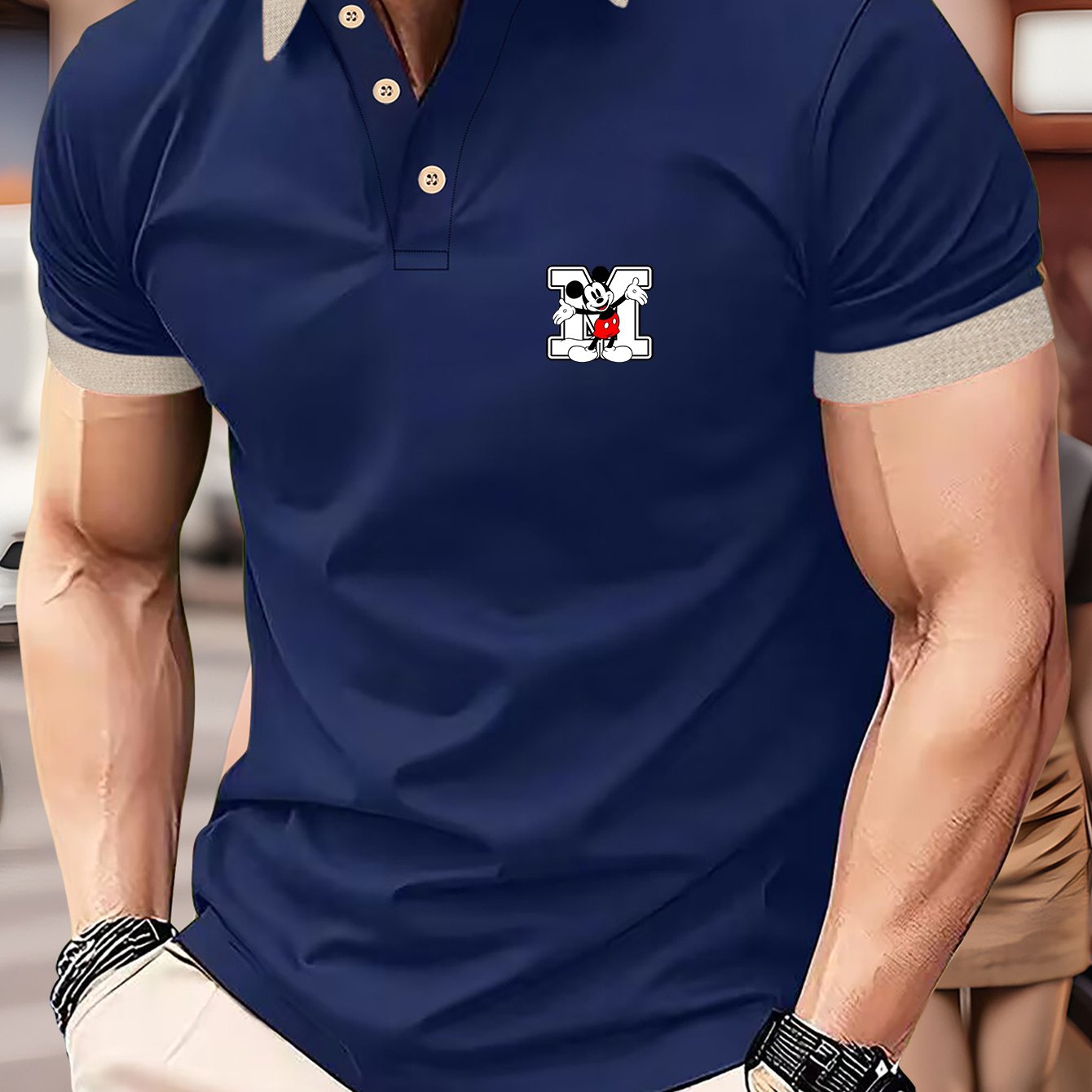 Disney Genuine Men's Series Classic Mickey Mouse M letters printed on the left chest small design summer business fashion Lightweight polyester breathable and quick drying Men's shirts suitable for outdoor sports golf wear