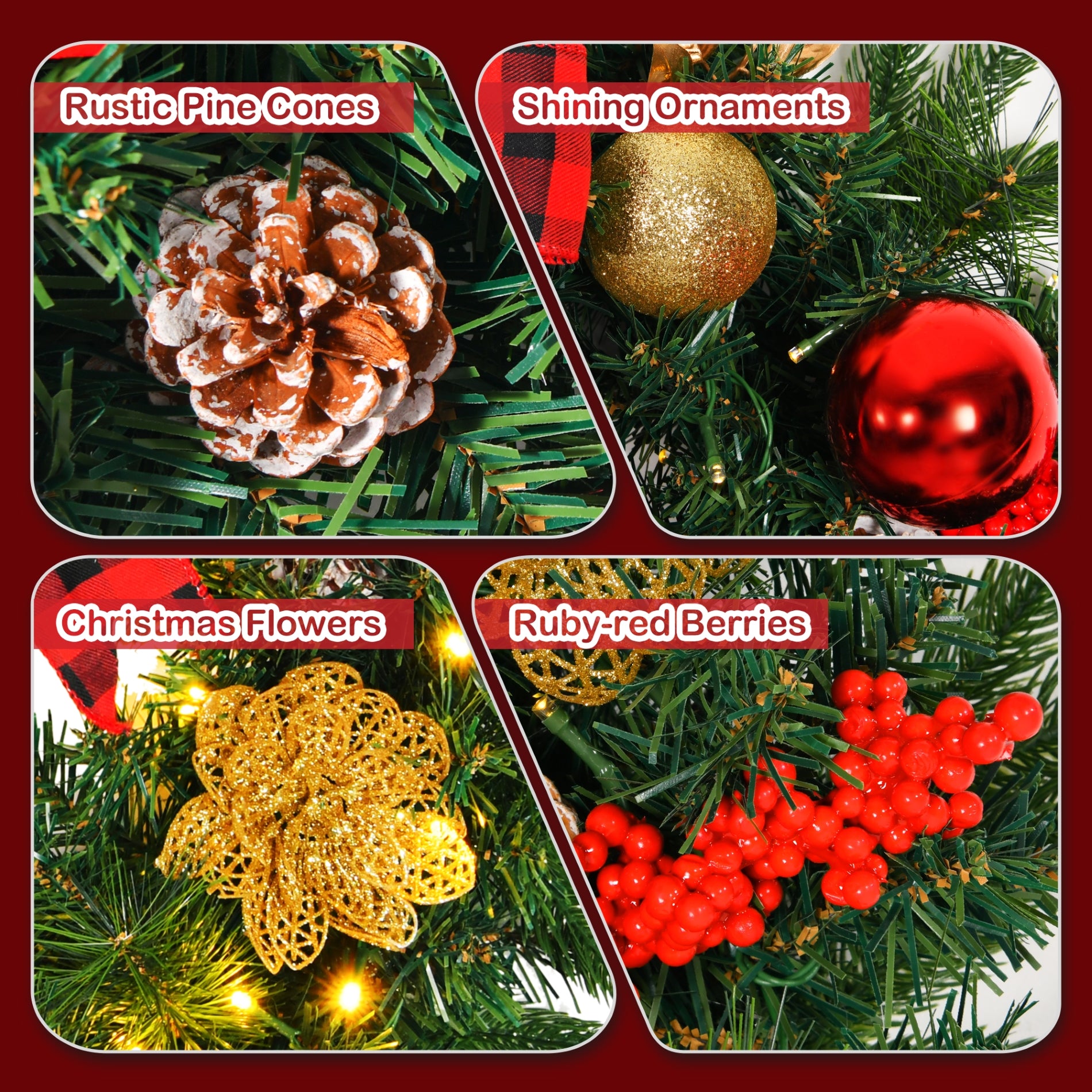 28inch 8 Modes Extra Large Pre-lit Christmas Wreath Artificial Deluxe Lighted Christmas Wreath Decorations Ornament with LED Lights Door Window Fireplace Decor Timer Function