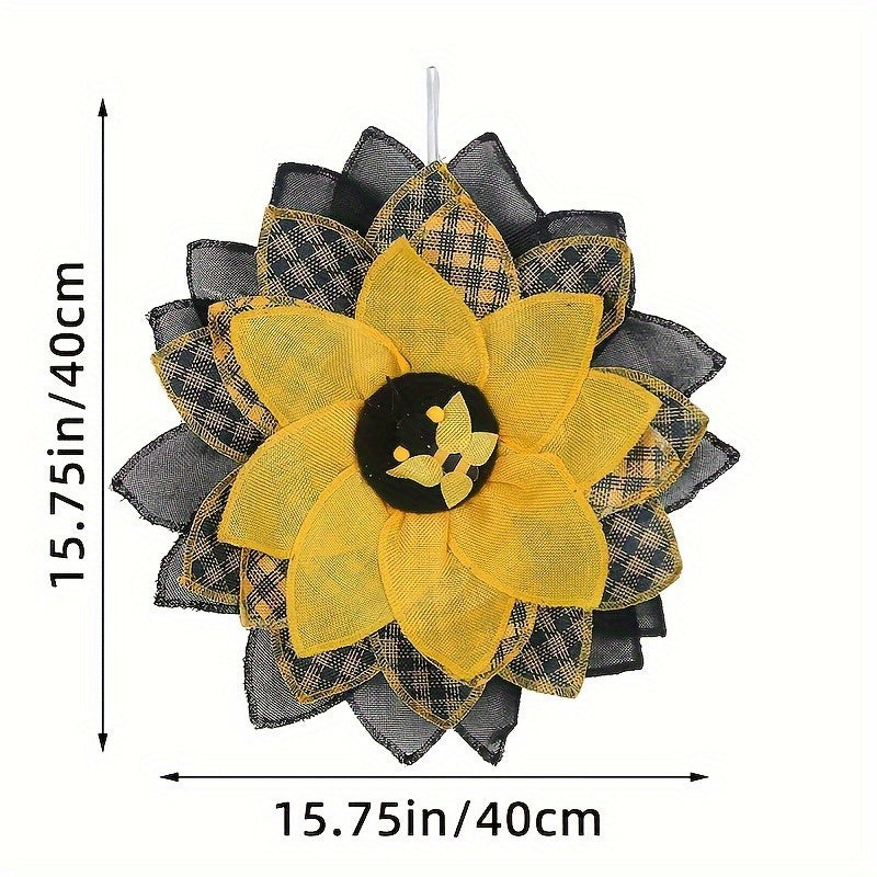 Rustic Burlap Sunflower Wreath with Bee Decor - Farmhouse Wall Art & Front Door Hanging for Easter, Spring, Summer, St. Patrick’s Day - No Electricity Needed, Vibrant Yellow & Black Checkered Design, Sunflower Outdoor Decor