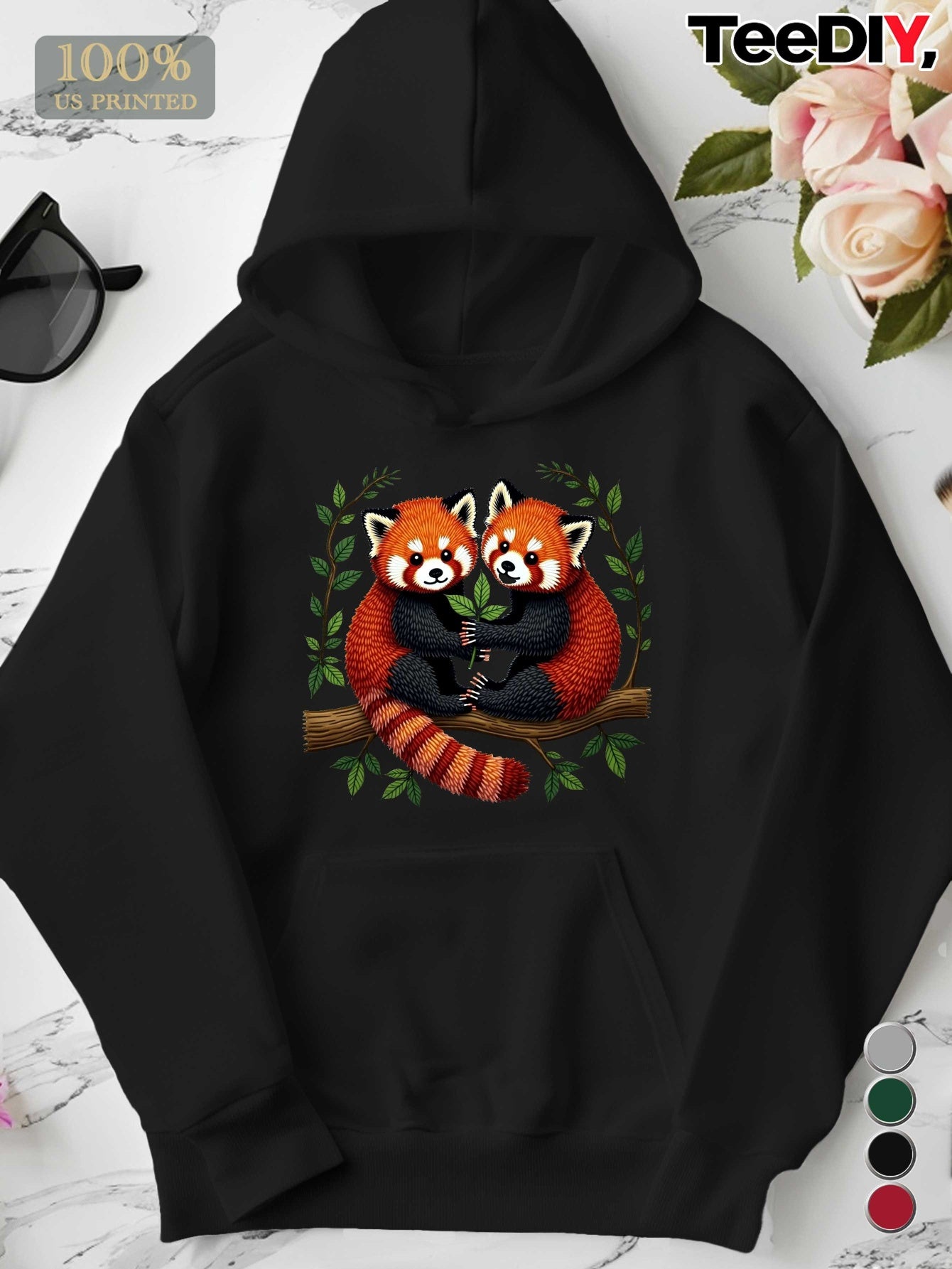 Women's Plus Size Embroidered Red Pandas Branch Hoodie - Grey Casual Pullover with Front Pocket, 100% US Printed Design, Machine Washable Autumn Winter Sweatshirt, Animal Lover Apparel, Playful Animal Design, Detailed Embroid