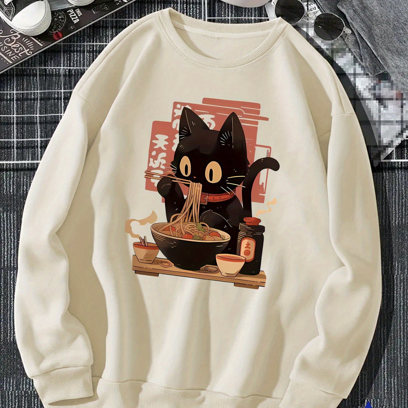 Anime style, animal, cat, ramen, pattern print, men's fashion trend top, autumn and winter leisure outdoor crewneck pullover soft breathable sweatshirt, men's and women's daily commute comfortable long sleeve hoodie