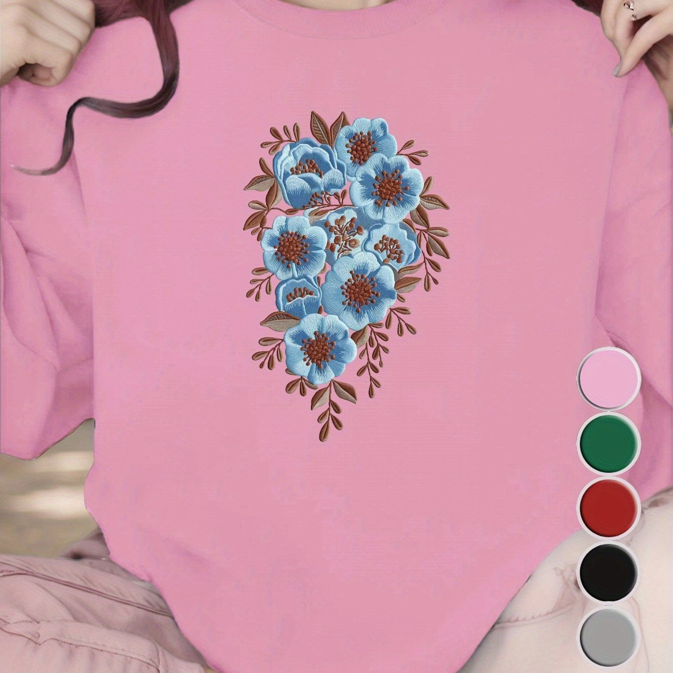 1pc Women'S Casual Floral Embroidery Crew Neck Sweatshirt - Polyester Knit Fabric, Geometric Pattern, Regular Length, Fall/Winter Collection
