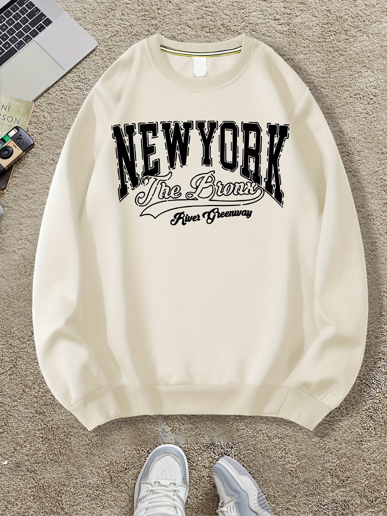 Men's Casual New York Graphic Sweatshirt - Soft Polyester, Loose Fit, Round Neck, Long Sleeve, Machine Washable, Perfect for Spring & Fall, Unique Print Design, Casual Wear | Urban Style Sweatshirt | Soft Polyester Fabric