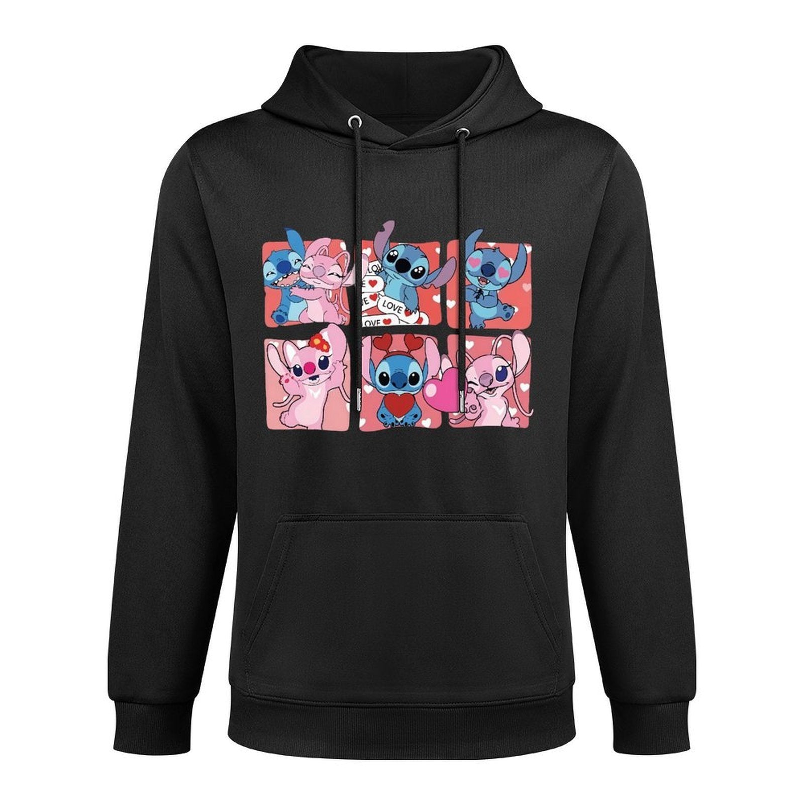 Disney Men's Black Retro Pullover Hoodie with Stitch & Angel Valentine's Digital Print, Soft Regular Fit Casual Sweatshirt, Machine Washable, Front Pocket, Disney Friends Graphic Design, Disney Hoodie, Durable Comfort Wear