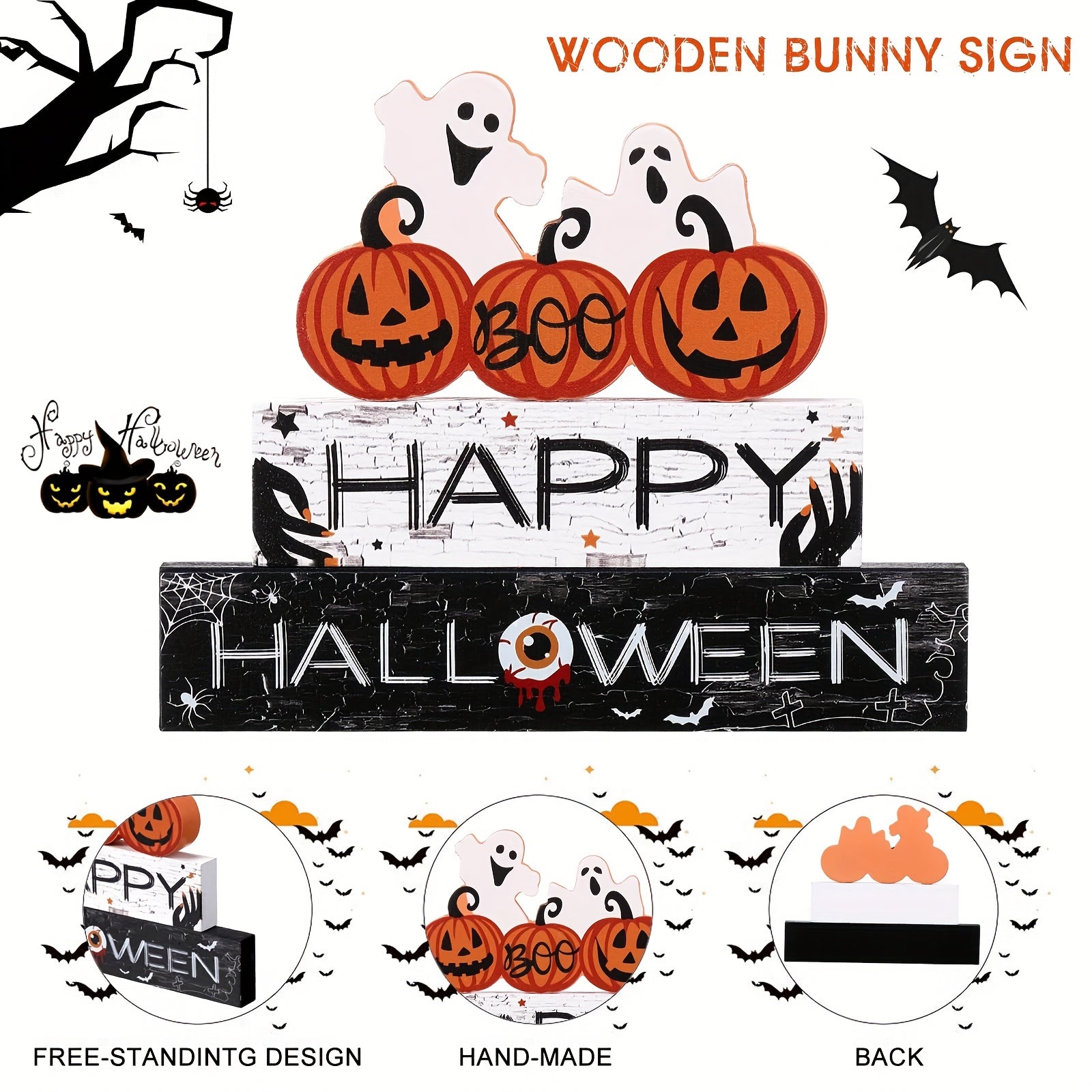 Happy Halloween Wooden Sign Centerpiece Pumpkin Ghost Eyeball Table Top Decor Spooky Rustic Freestanding Boo Tier Tray Halloween Decor Rustic Wood Block Plaque For Home Fireplace