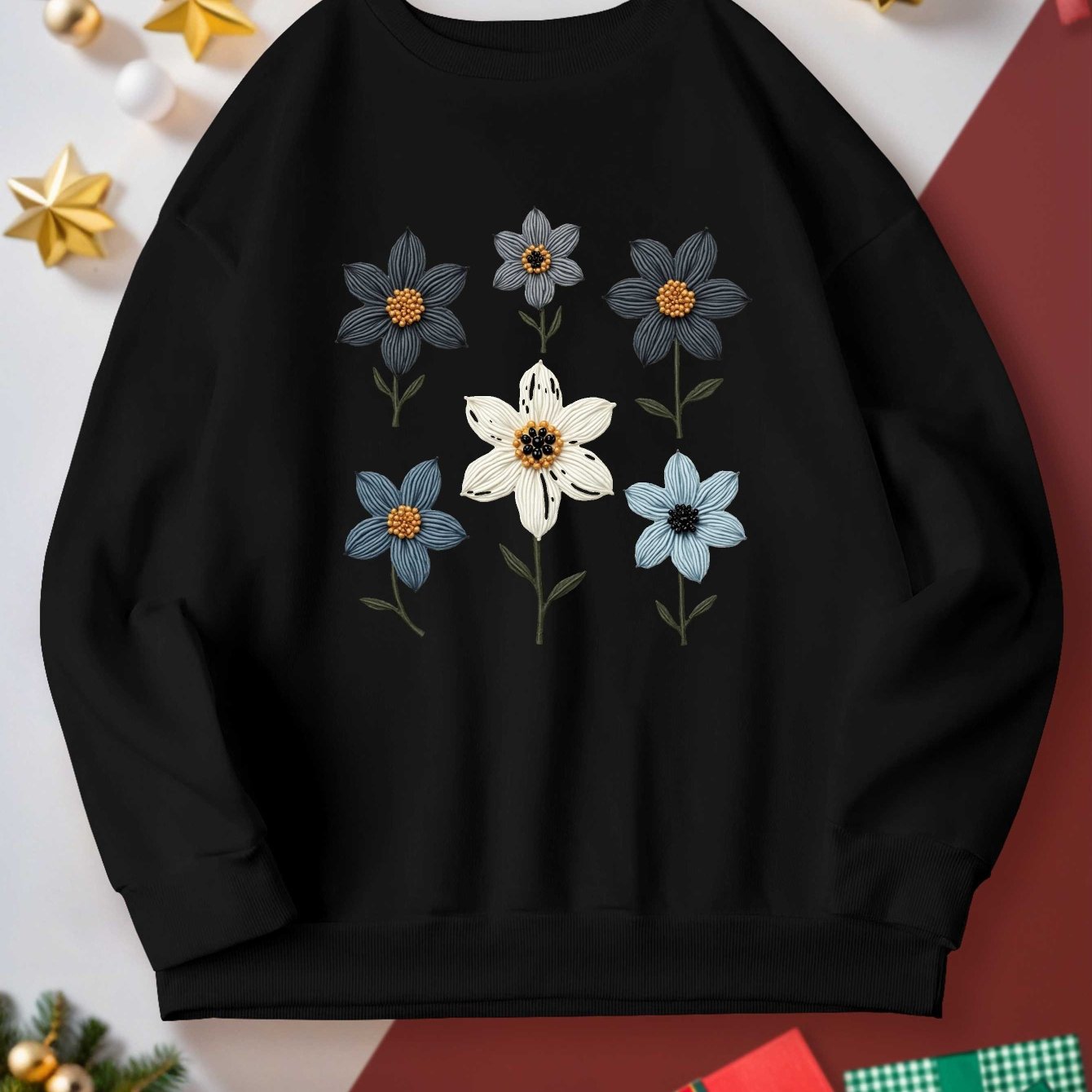 Women's Plus Size Casual Sweatshirt - Embroidered Floral Design with Beadwork, Vibrant Red Long Sleeve Round Neck Pullover, Machine Washable Autumn Winter Fashion Top, Cute Sweatshirts, Detailed Embroidery