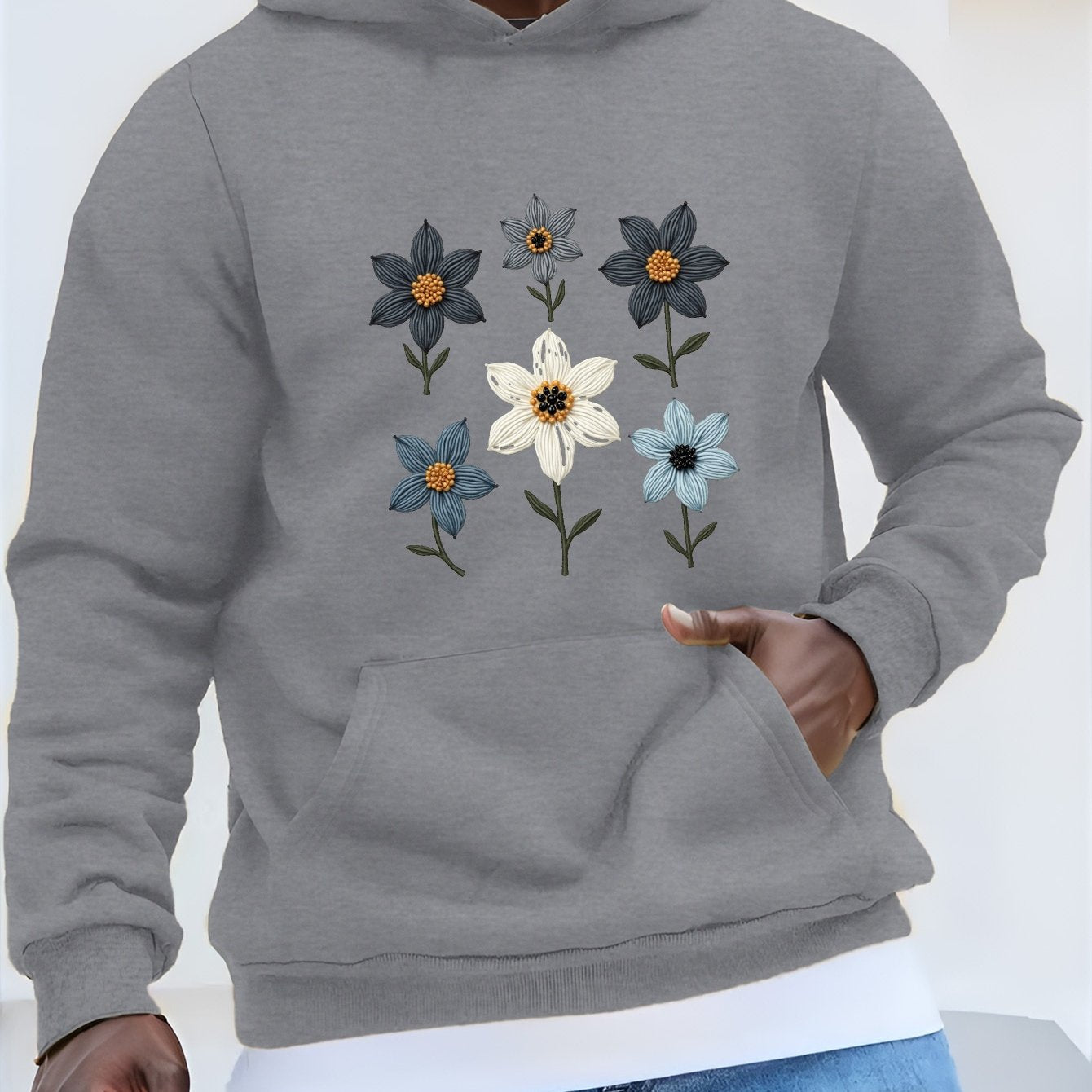 Men's Casual Hoodie with Embroidered Floral Design, Beaded Accents & Geometric Pattern - Black with Blue & Orange Flowers, Front Pockets, Machine Washable, Autumn/Winter Wear, Essential Hoodie