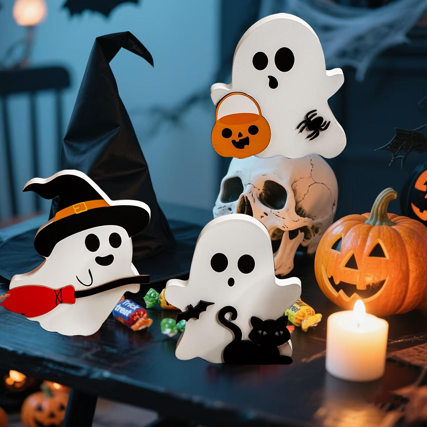 Cute Halloween Tray Decorations Indoor - Wooden Tiered Tray Decor Table Sign Set of 3 - Pumpkin Blocks with Black Cat, Bat, Witch, Broom - Spooky Home Shelf Display, Party Table Centerpiece for Fall Holiday, Summer Setup and