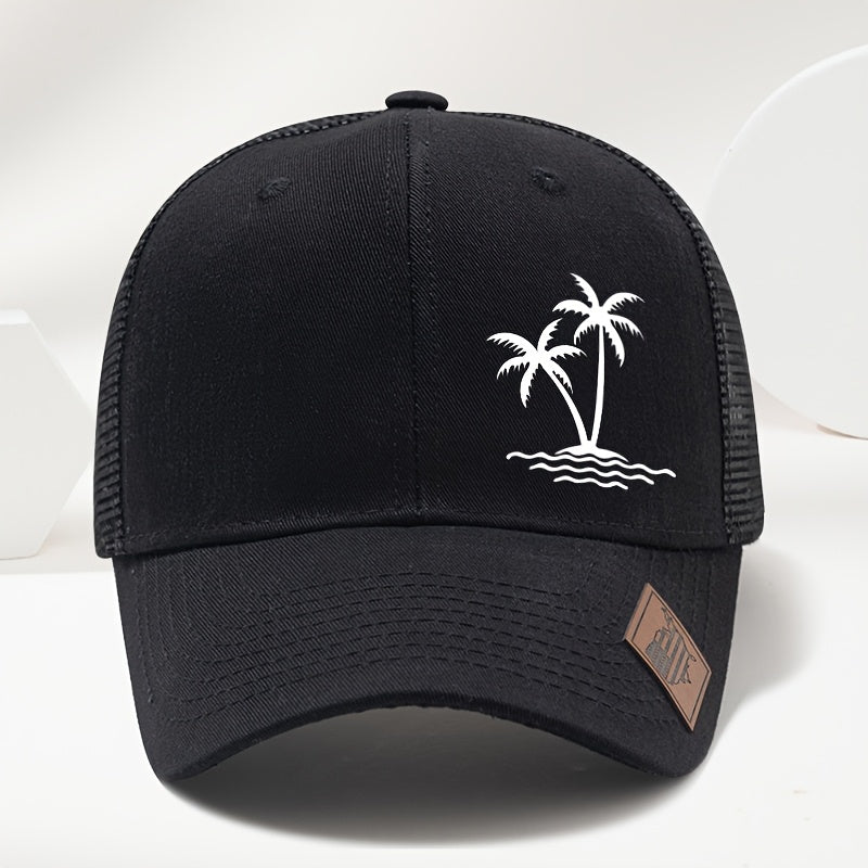 Sports Outdoor Sunshade Fashion Coconut Tree Pattern Print Exquisite Small Faux Leather Badge Hard Top Baseball Cap Hip Hop Duckbill Hat Casual Versatile Fashion Mesh Cap Men and Women Universal Outdoor Party Truck Driver Hat