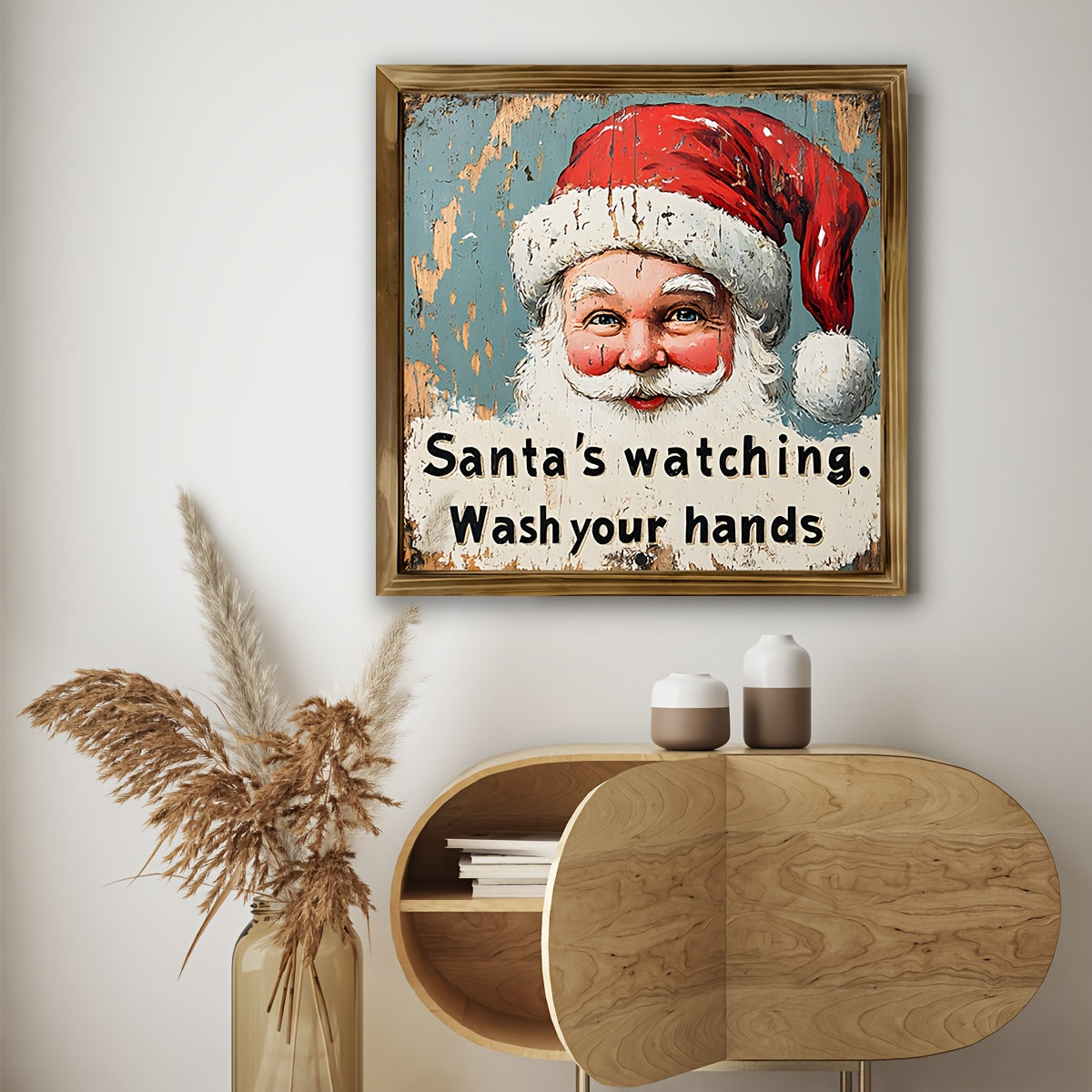 Woodcut Charming Rustic Santa Sign - Wall Art for Home & Bathroom Decor, Perfect Christmas Decor
