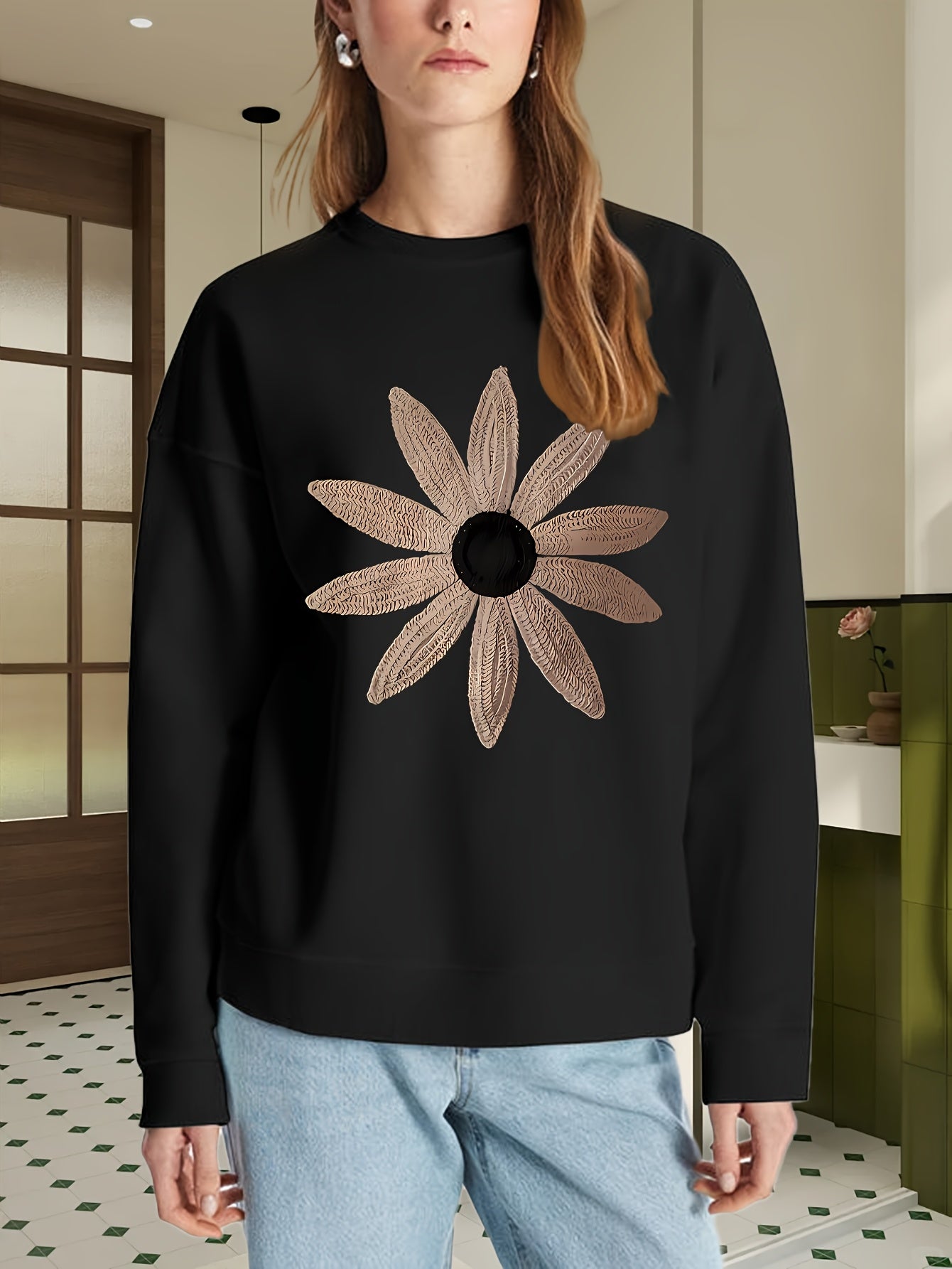 Women's Flower Embroidery Crew - Neck Long - Sleeve Casual Loose Crew - Neck Sweatshirt, Machine - Washable Embroidery Pattern Comfortable Women's Crew - Neck Sweatshirt, The Most Stylish And Comfortable Gift for Female Frien