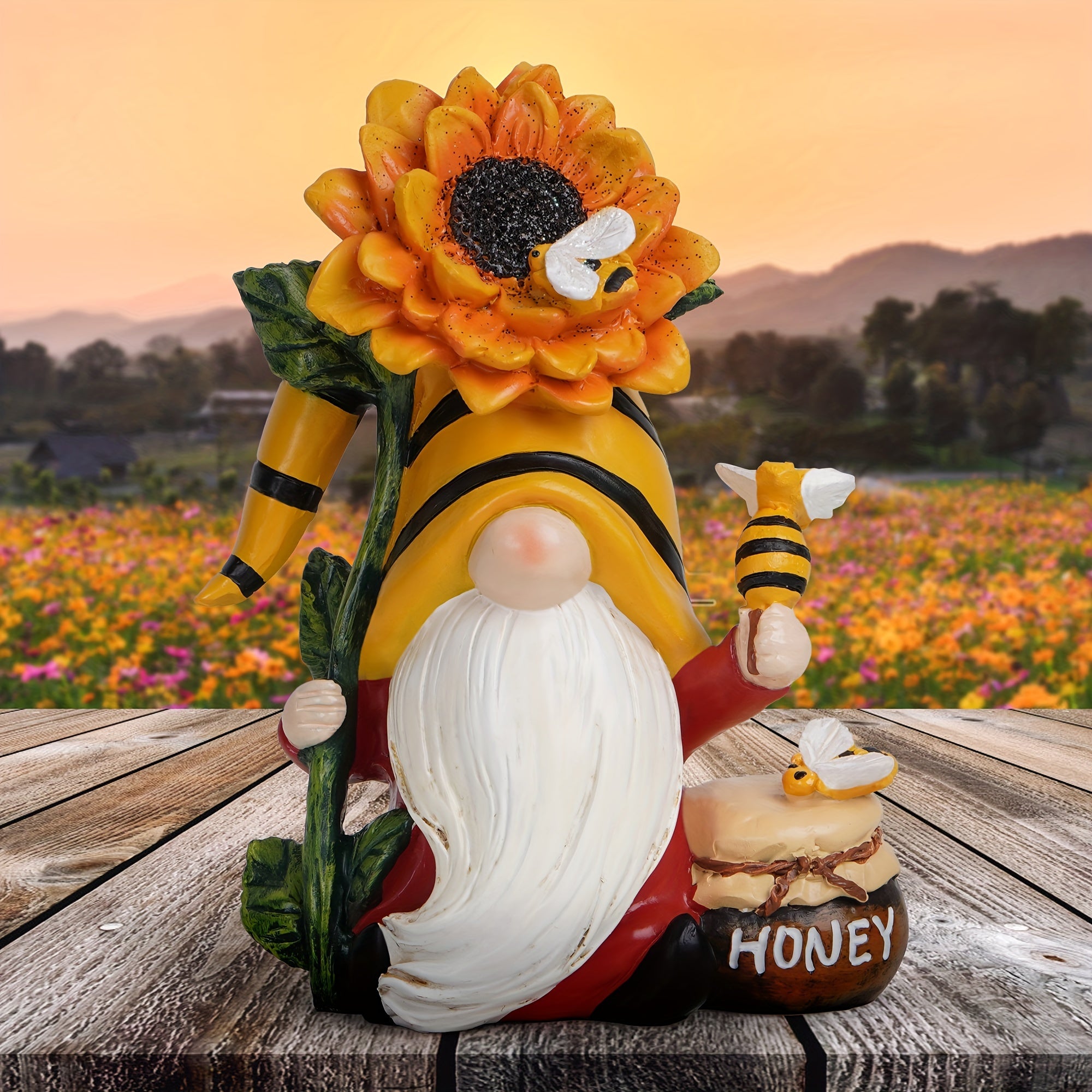 Resin Sunflower Gnome with Bee - Decorative Garden Elf Figurine, No Electricity or Battery Needed, Nature-Inspired Home & Outdoor Decor