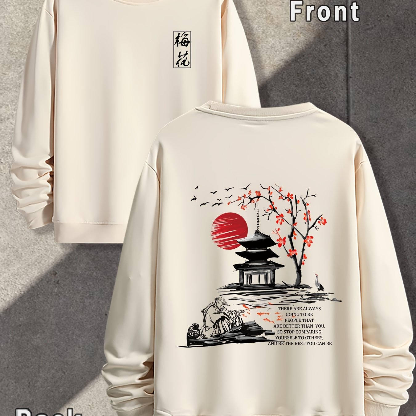 Spring And Autumn, Men'S Fashion Crew Neck Sweater, Plum Blossoms, Front And Rear Printing Patterns Of The Pavilion, Outdoor Wear Inside And Outside With The Same Crew Neck Sweater For Men And Women