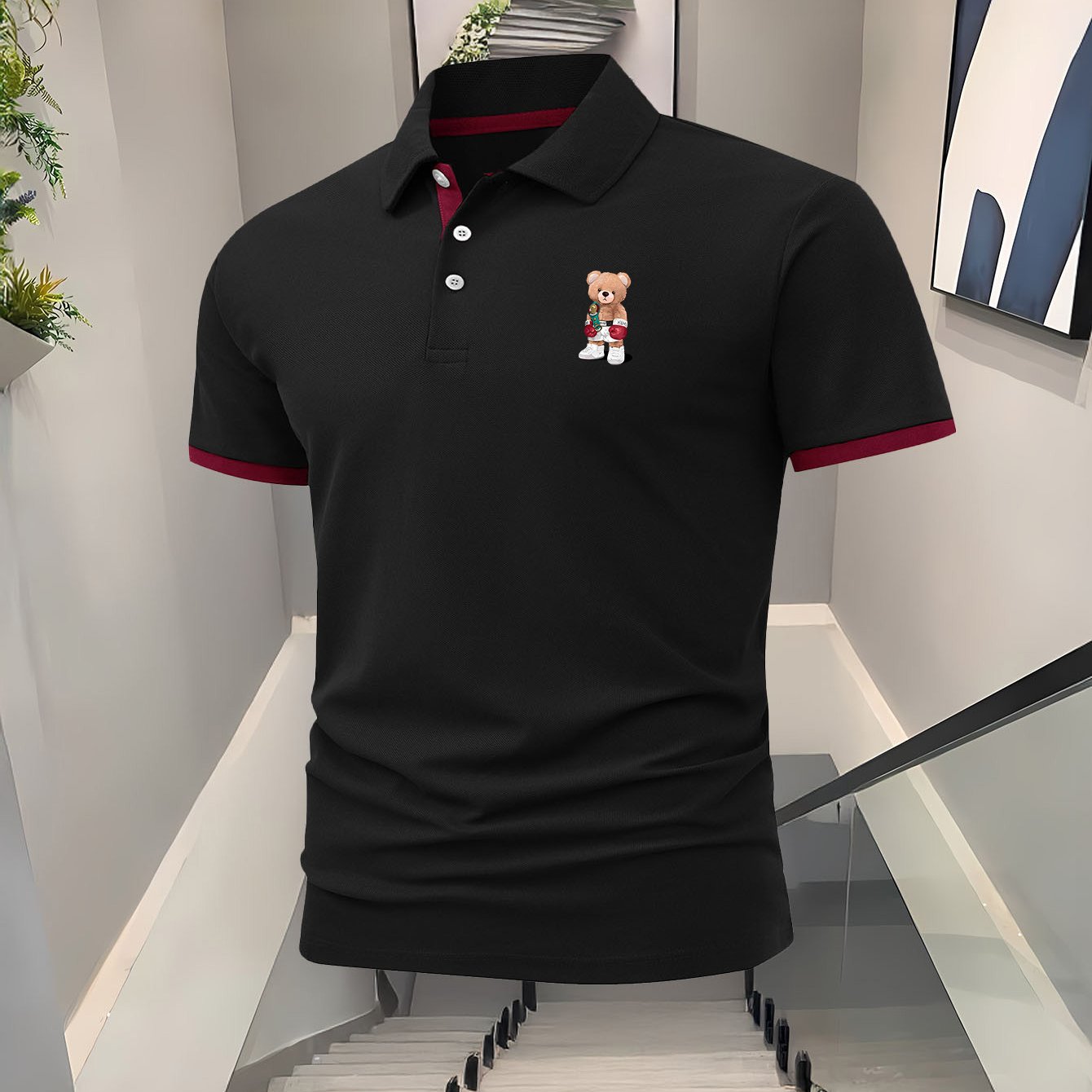 Fighting Little Bear Men'S Polo Shirt - Navy Blue with Red Collar & Cuffs, Cute Bear Graphic Print, Breathable Polyester Knit Fabric, Regular Fit Short Sleeve for Golf, Tennis, Running, Hiking, Casual Wear - Spring/Summer Ess