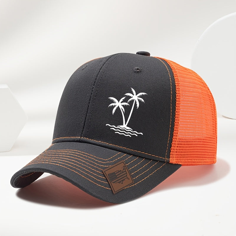 Sports Outdoor Sunshade Fashion Coconut Tree Pattern Print Exquisite Small Faux Leather Badge Hard Top Baseball Cap Hip Hop Duckbill Hat Casual Versatile Fashion Mesh Cap Men and Women Universal Outdoor Party Truck Driver Hat