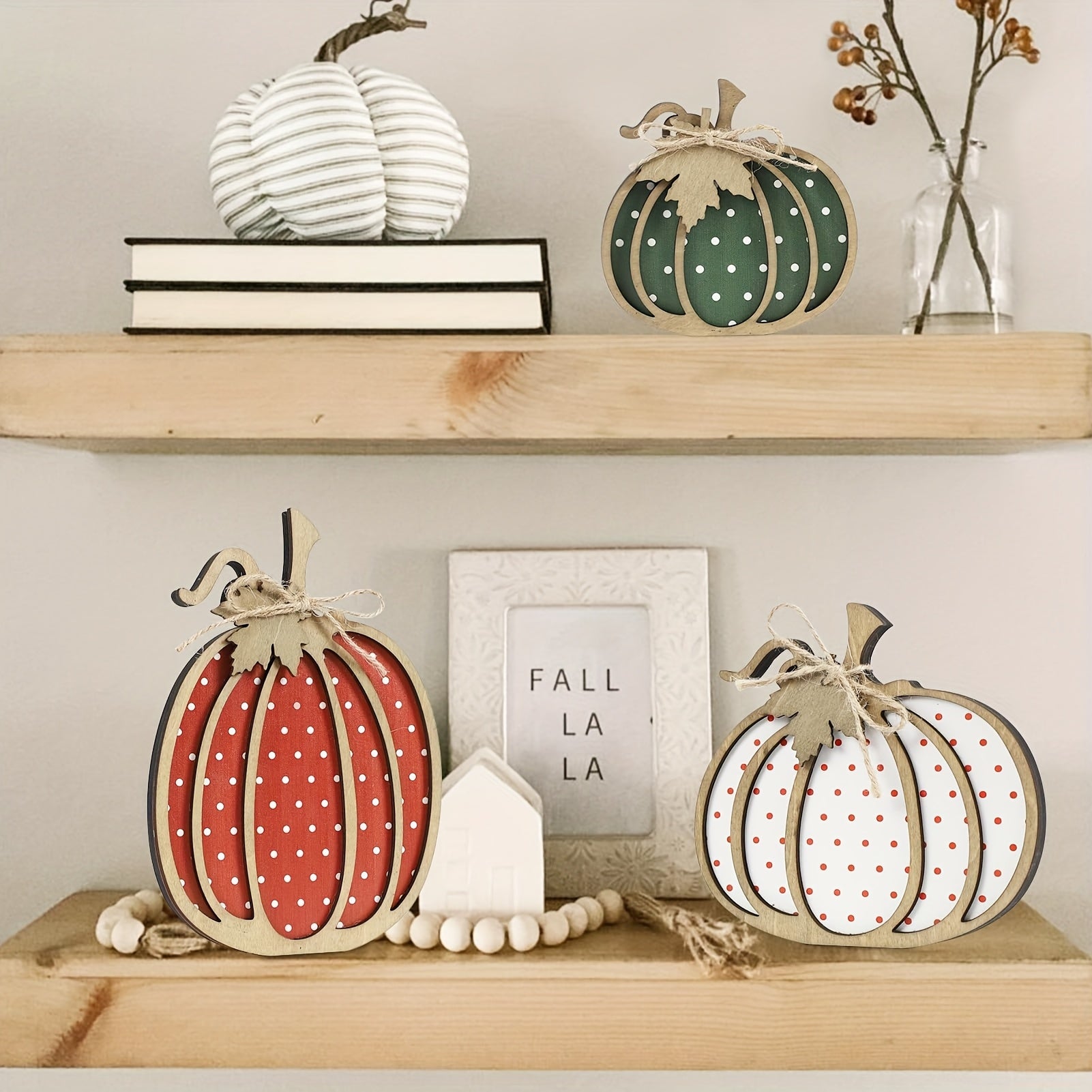 Rustic Farmhouse Wooden Polka Dot Pumpkin Trays - Multi-Size Artificial Wood Decor with Twine Rope Handles, White with Red Dots for Thanksgiving Harvest Season Home & Party Table Decorations, Thanksgiving Table Decor, Festive