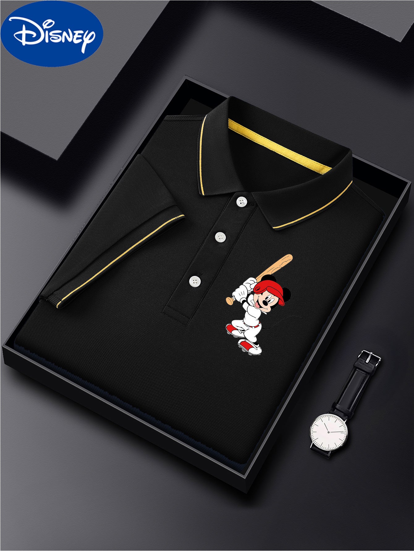 Disney Men'S Classic POLO Shirt, Mickey Batting Baseball Print, Premium Casual Business Casual, Short Sleeve Collar Polo Shirt, Lightweight Polyester, Quick Drying and Breathable Comes in a Display Gift Box Great for Husbands