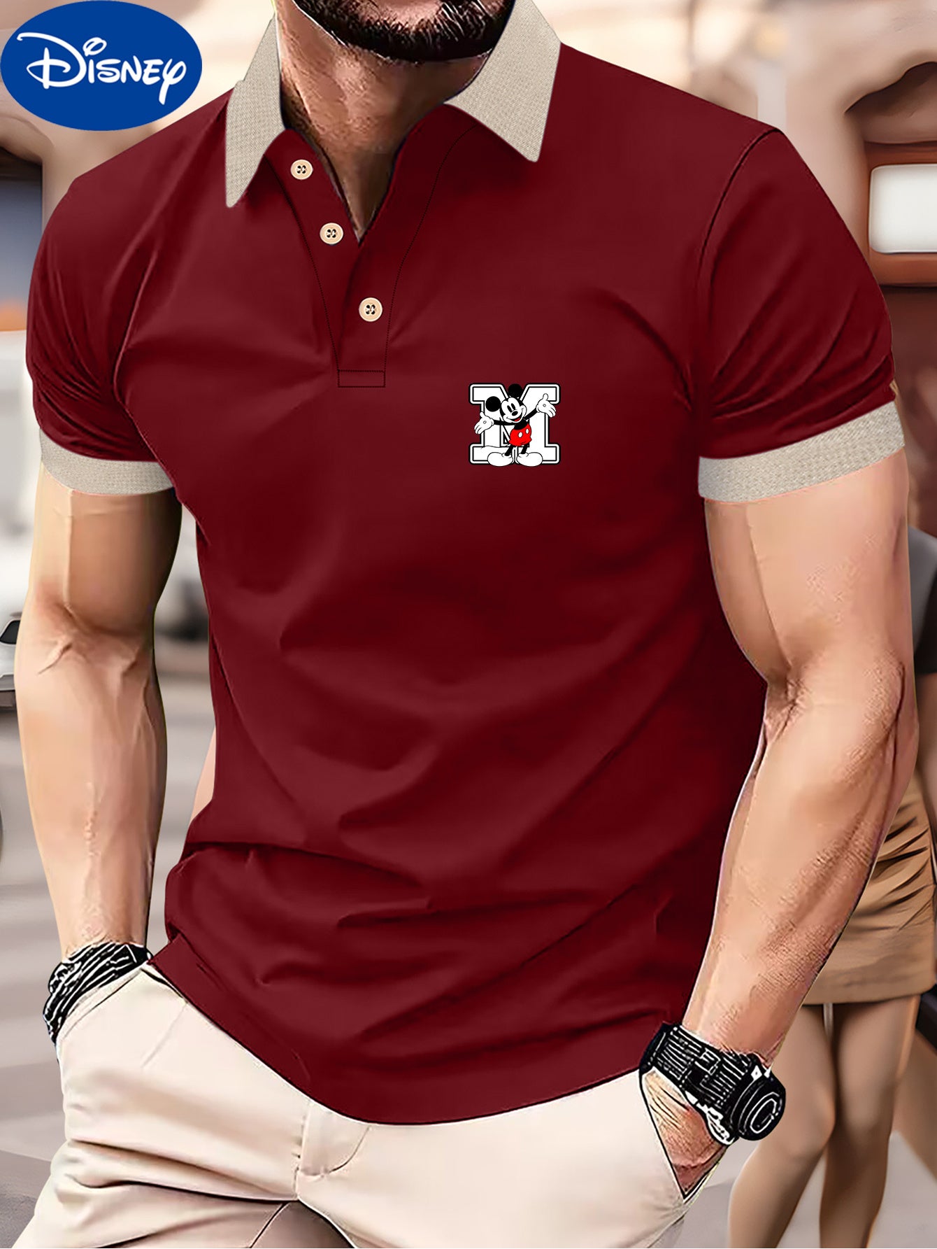 Disney Genuine Men's Series Classic Mickey Mouse M letters printed on the left chest small design summer business fashion Lightweight polyester breathable and quick drying Men's shirts suitable for outdoor sports golf wear