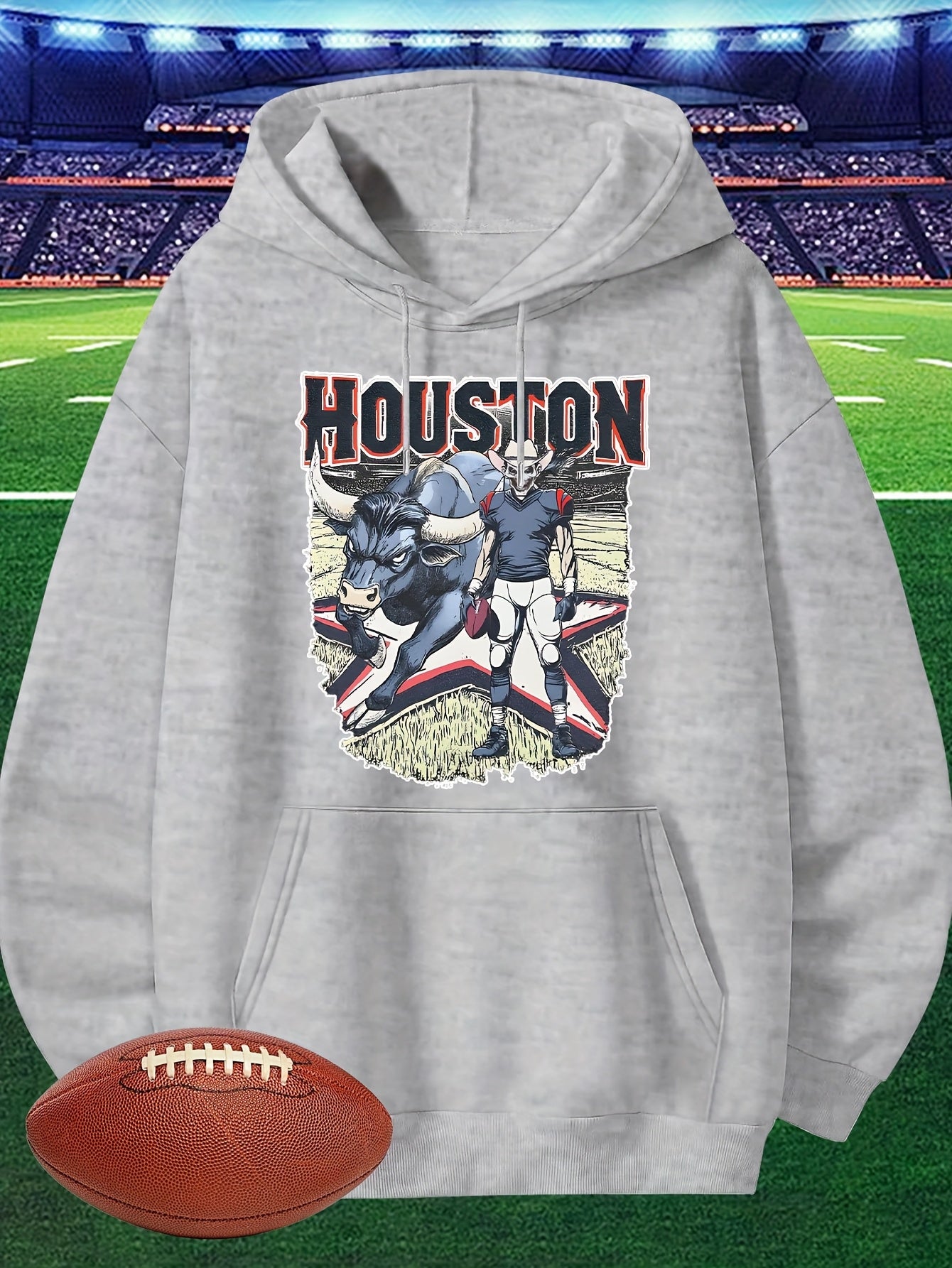 Men's Houston Football Hoodie - Red Long Sleeve Sweatshirt with Cartoon Player Design, Casual Pullover for Fans, Lightweight 280g, Perfect for Game Day or Casual Attire