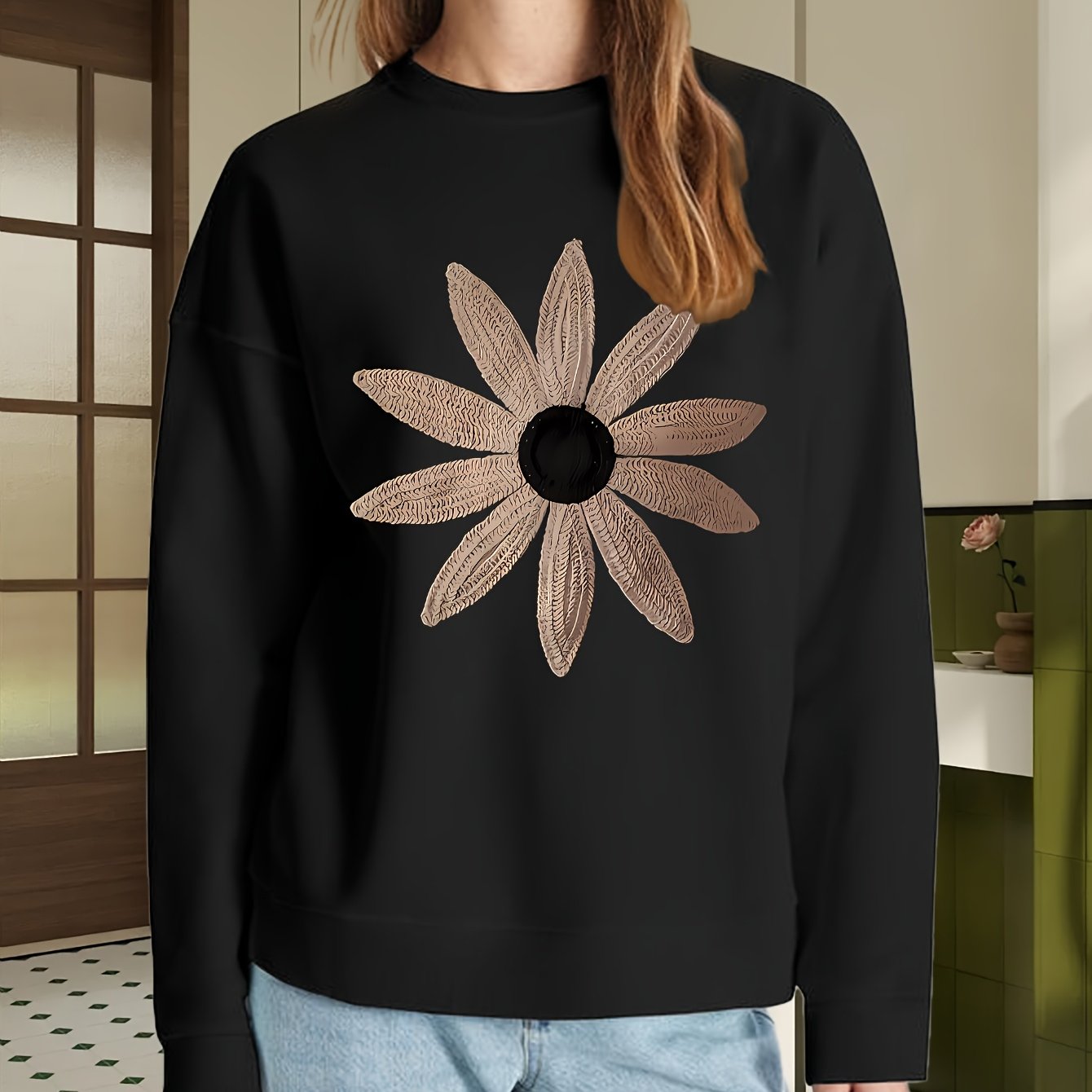 Women's Flower Embroidery Crew - Neck Long - Sleeve Casual Loose Crew - Neck Sweatshirt, Machine - Washable Embroidery Pattern Comfortable Women's Crew - Neck Sweatshirt, The Most Stylish And Comfortable Gift for Female Frien