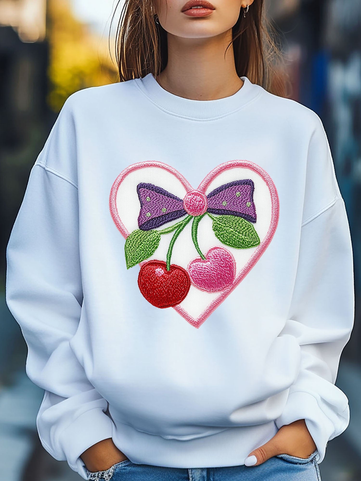 Women'S Cherry Love Heart Bow Embroider Print Sweatshirt Pullover Fall Loose Fashion Long Sleeve Crew Neck Sweatshirt Casual Comfy Clothes