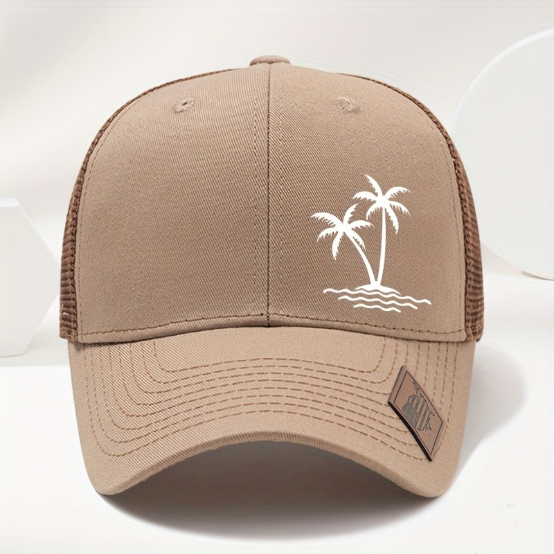 Sports Outdoor Sunshade Fashion Coconut Tree Pattern Print Exquisite Small Faux Leather Badge Hard Top Baseball Cap Hip Hop Duckbill Hat Casual Versatile Fashion Mesh Cap Men and Women Universal Outdoor Party Truck Driver Hat