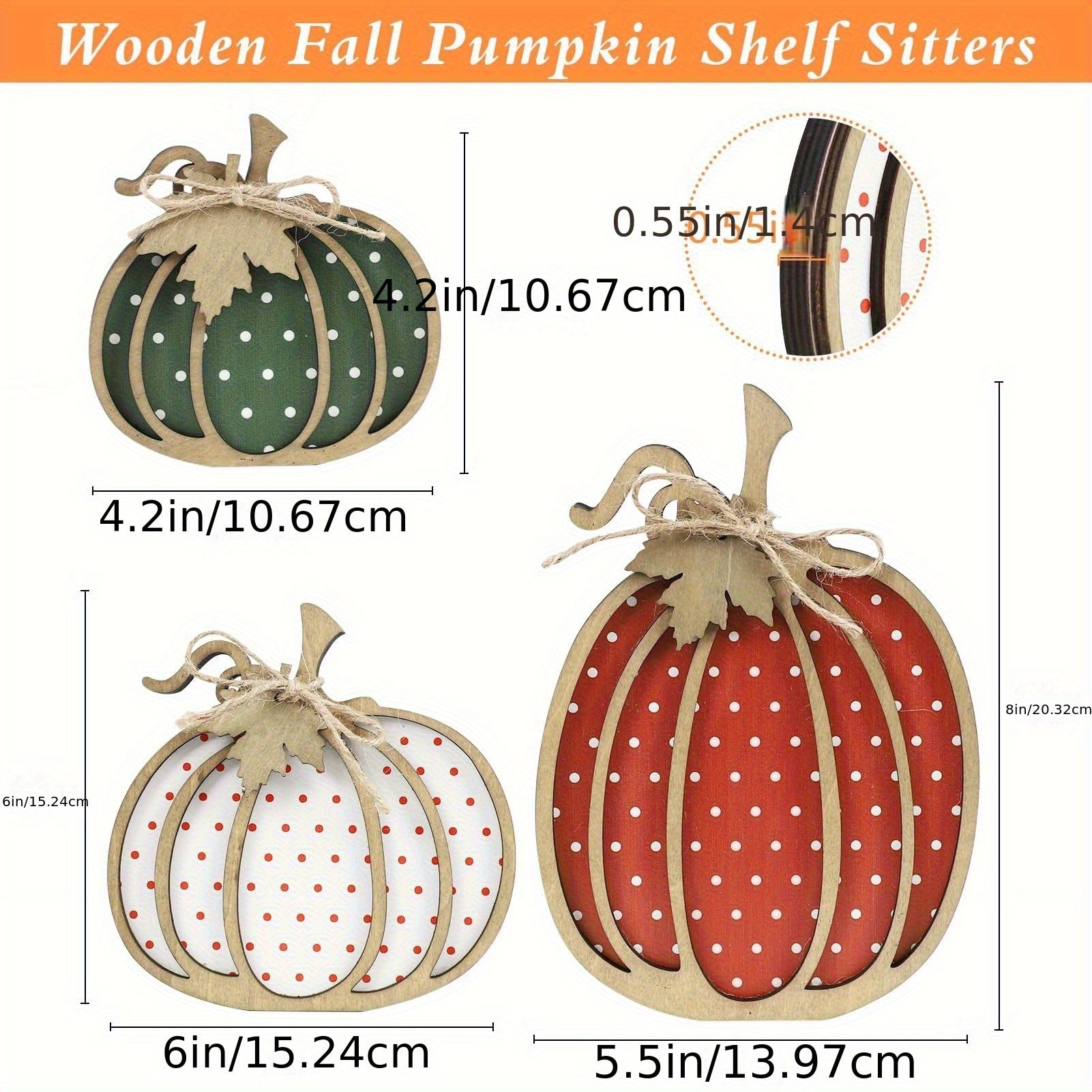 Rustic Farmhouse Wooden Polka Dot Pumpkin Trays - Multi-Size Artificial Wood Decor with Twine Rope Handles, White with Red Dots for Thanksgiving Harvest Season Home & Party Table Decorations, Thanksgiving Table Decor, Festive